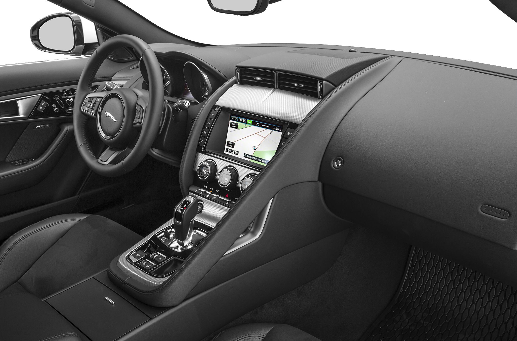 Luxury car interior with dashboard, steering wheel, and center console.