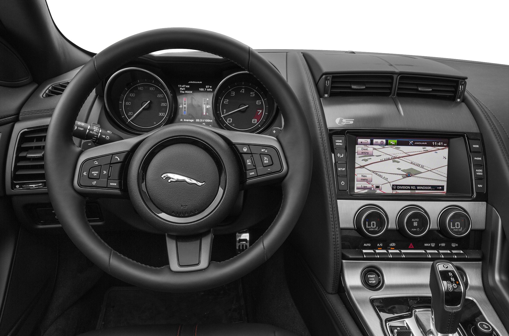 Luxury sporty steering wheel and dashboard with navigation