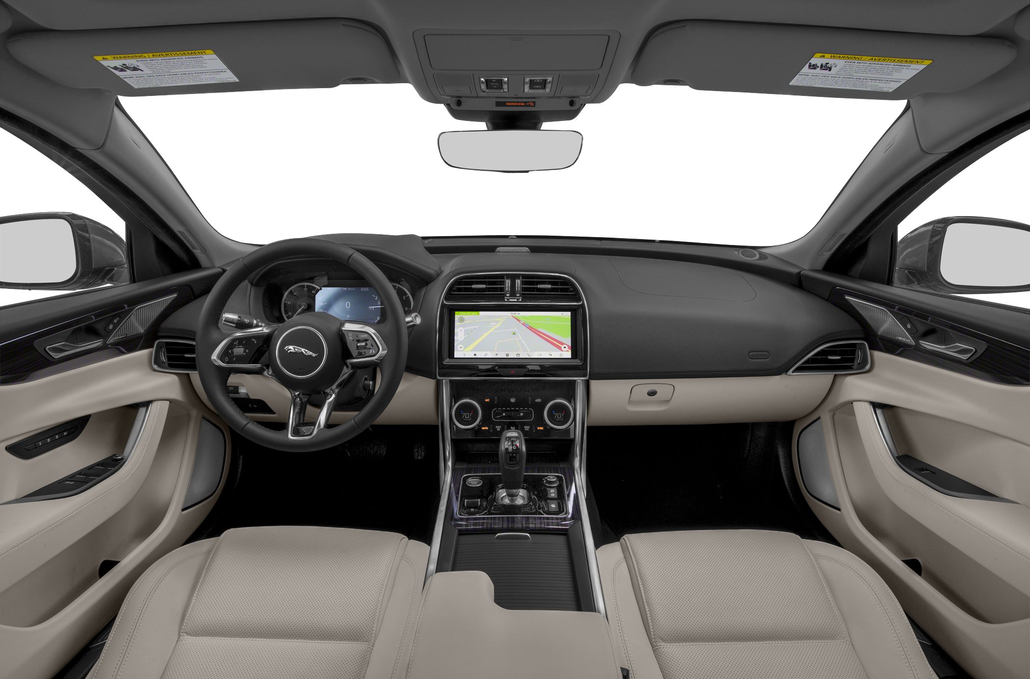Beige leather seats with digital dashboard and touchscreen in car interior