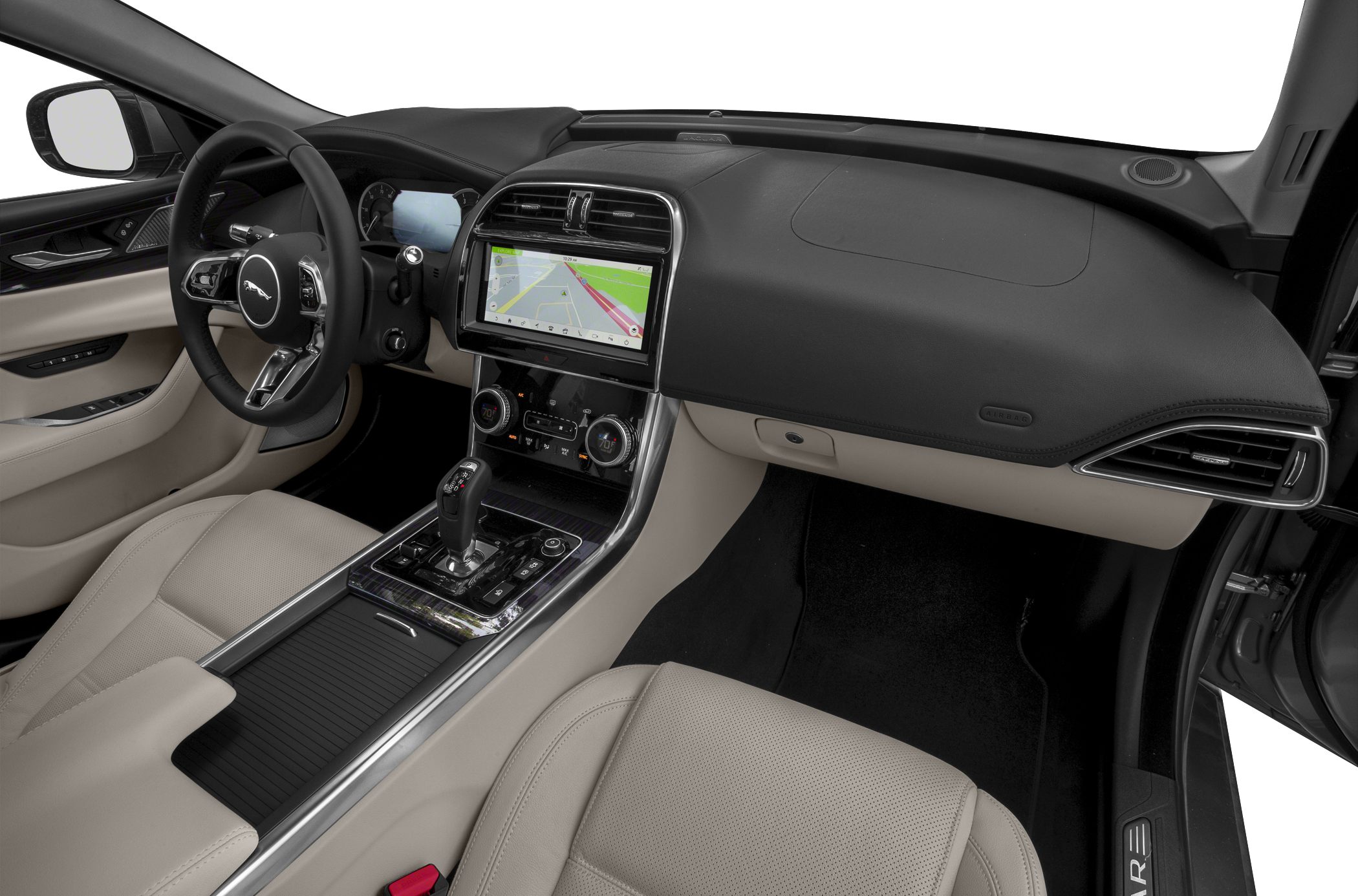 Dashboard with navigation screen and beige leather seats