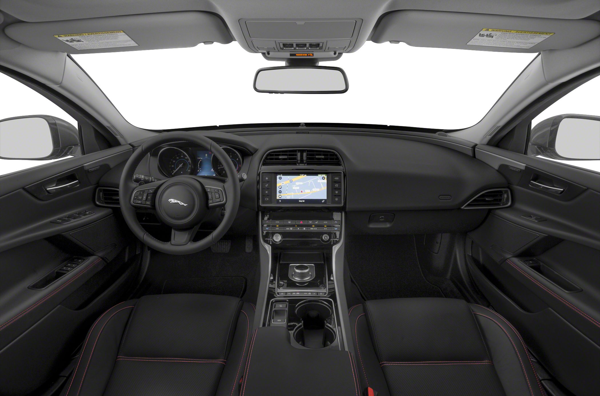 Modern car interior with central touchscreen and multifunction steering wheel