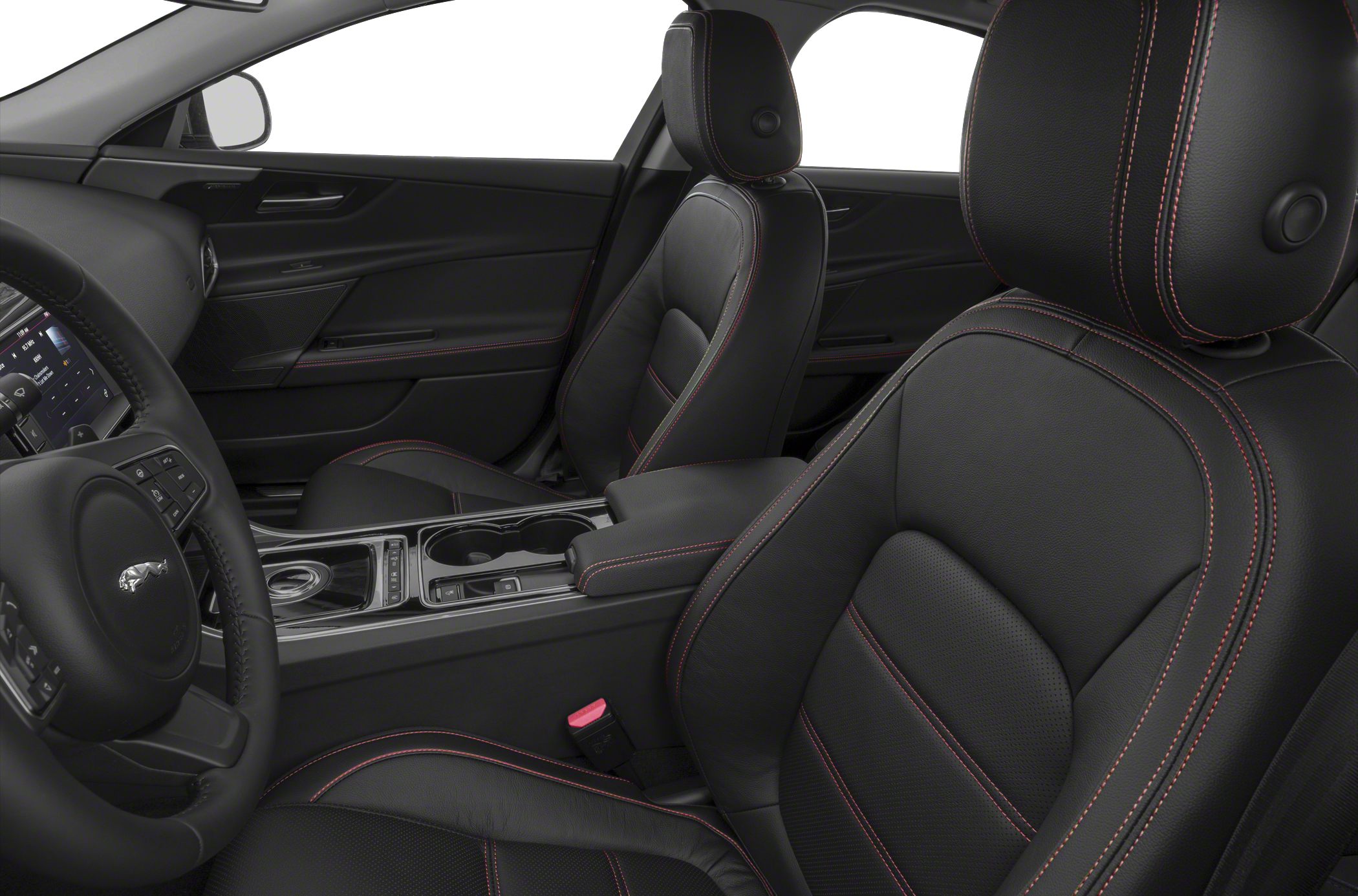 Black leather seats with red stitching and advanced center console