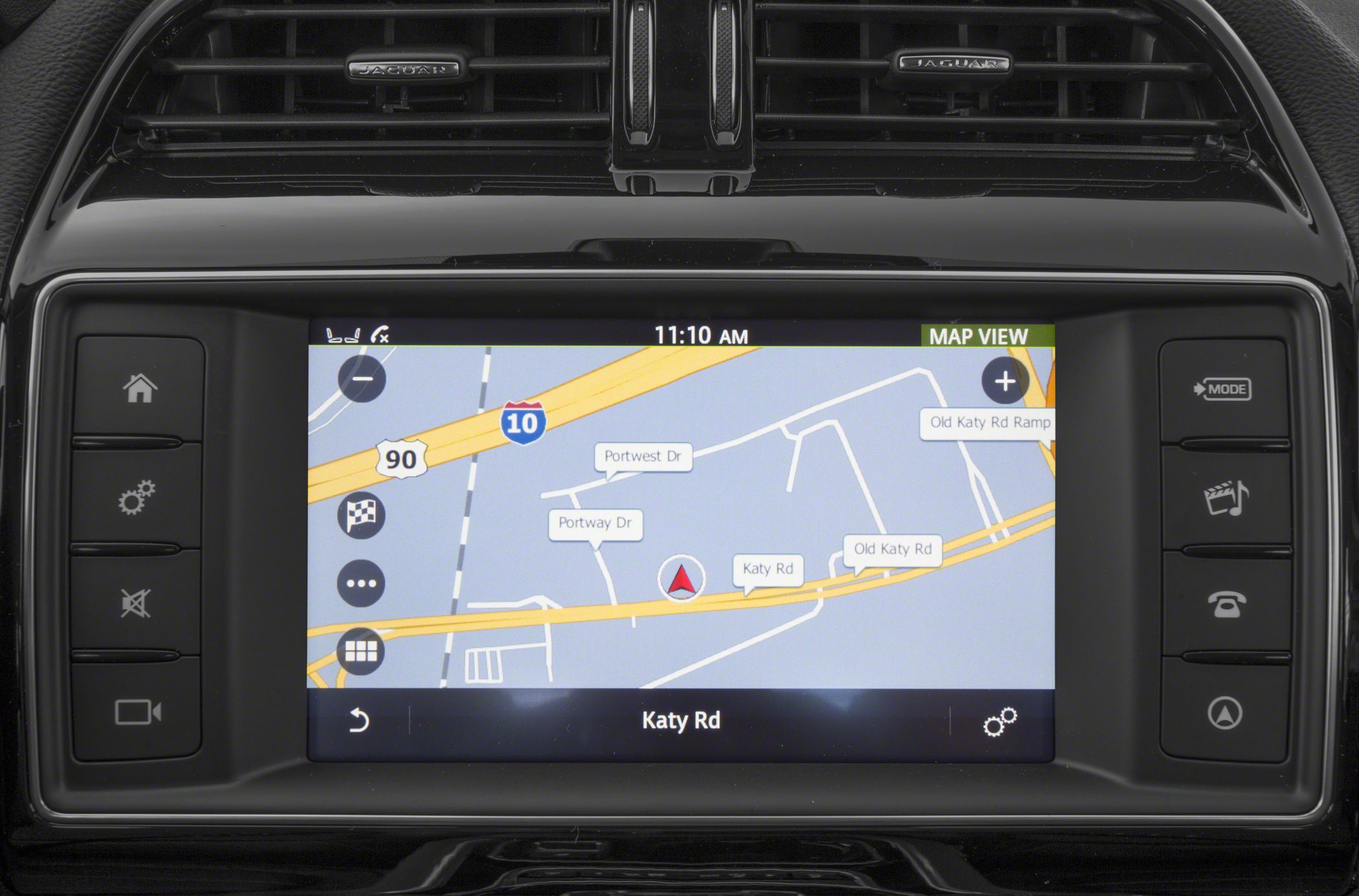 Touchscreen GPS navigation display with map view and control buttons