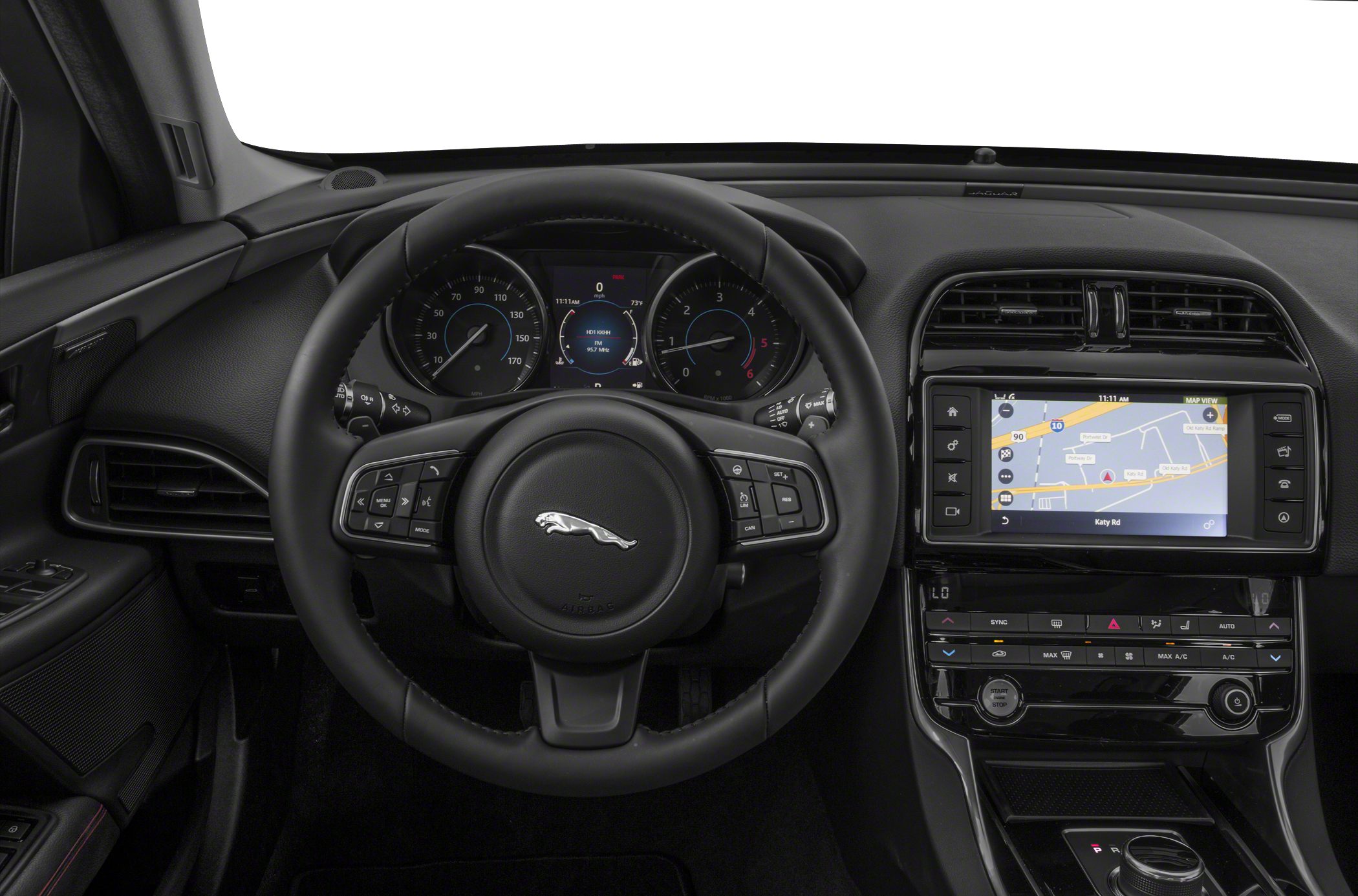 Steering wheel, digital gauge cluster, and touchscreen navigation system