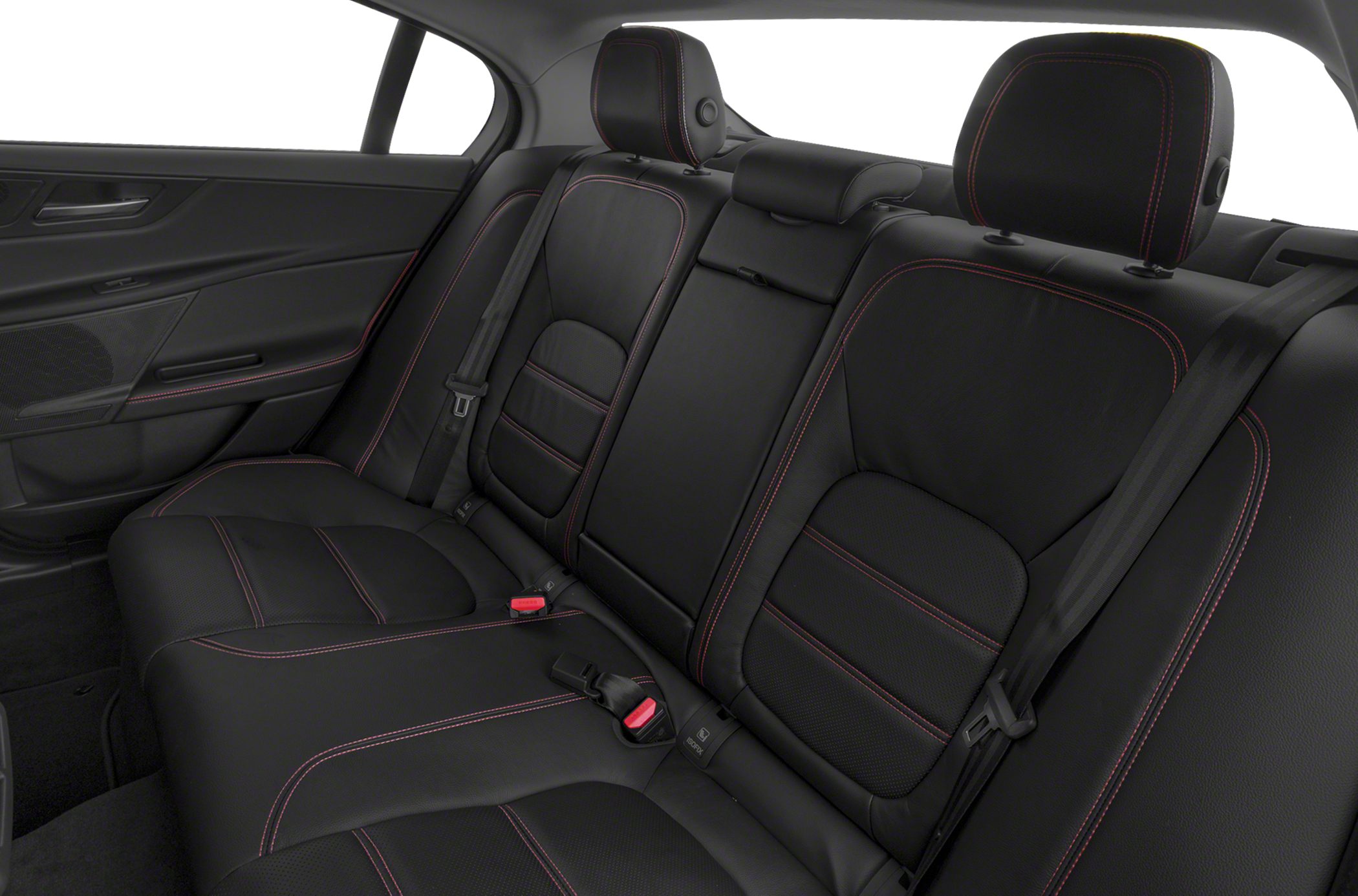Rear black leather seats with red stitching and seat belts