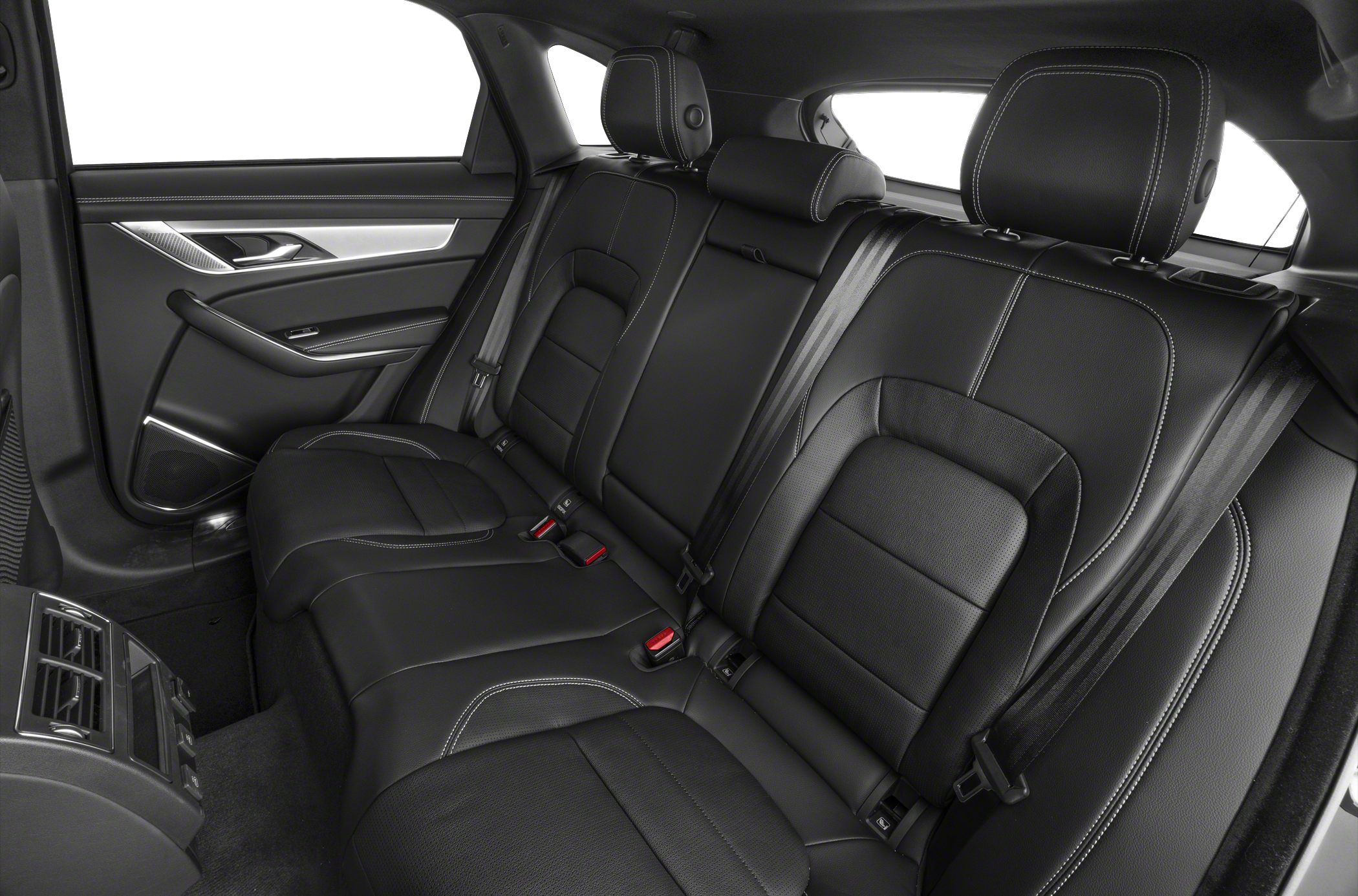 Black leather rear seats with white stitching and ventilation controls