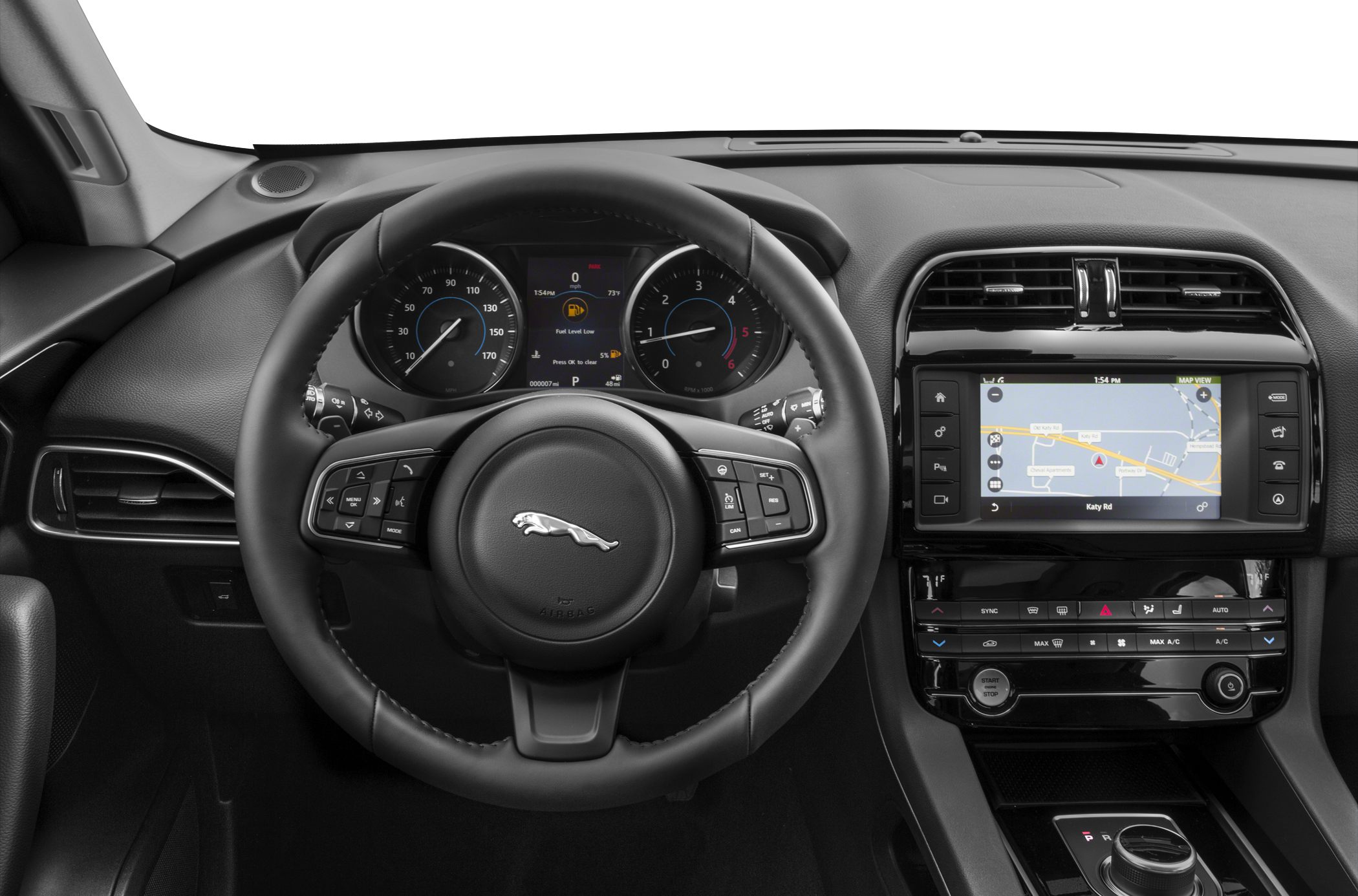 Steering wheel, digital gauges, touchscreen navigation, climate control panel