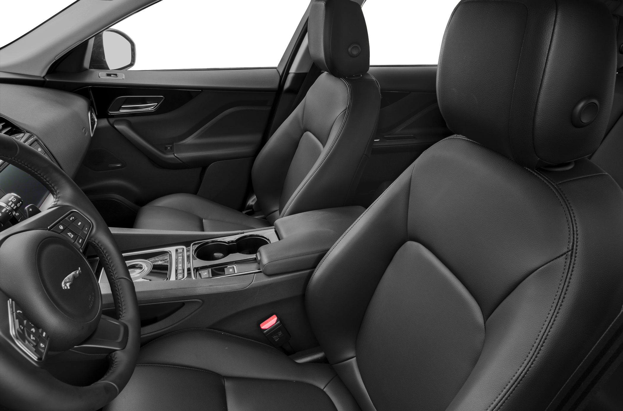 Luxurious black leather seats and center console inside a modern car