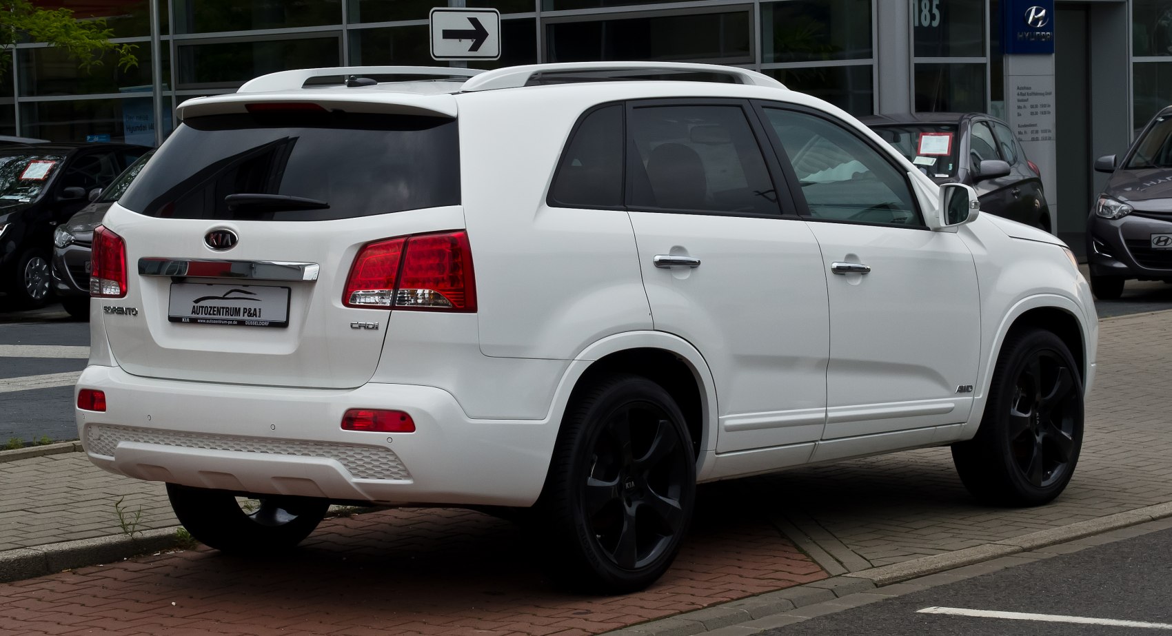 Rear side view of SUV with black alloy wheels and roof rails