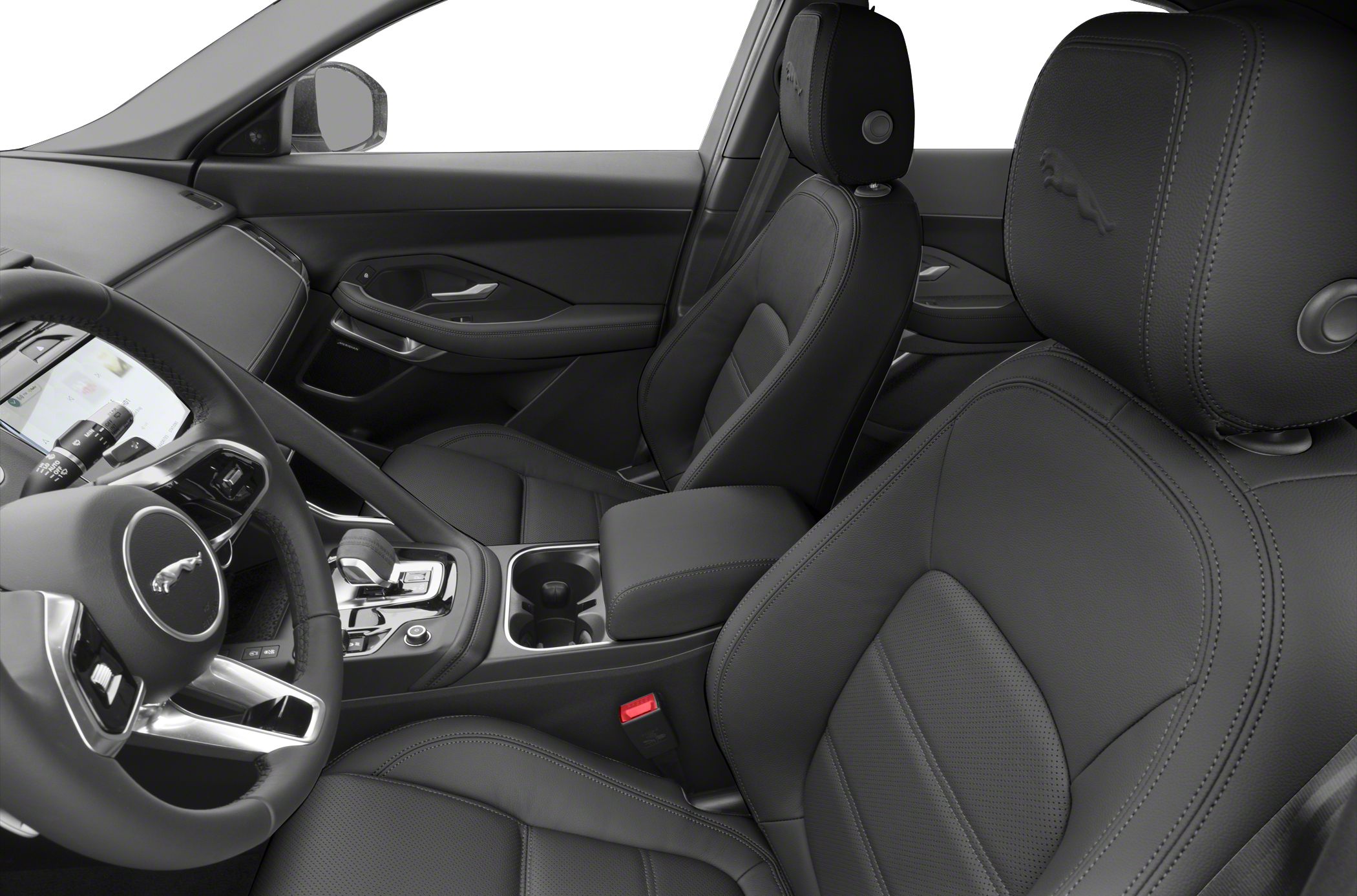 Black leather seats and modern steering wheel with center console