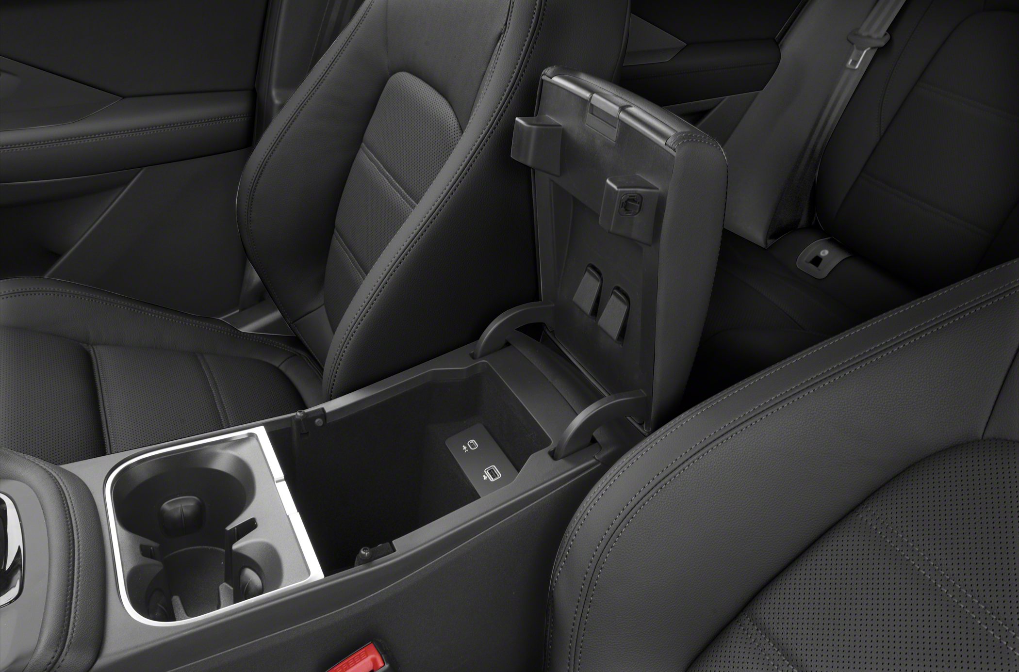 Center console storage with cup holders and premium black leather car seats
