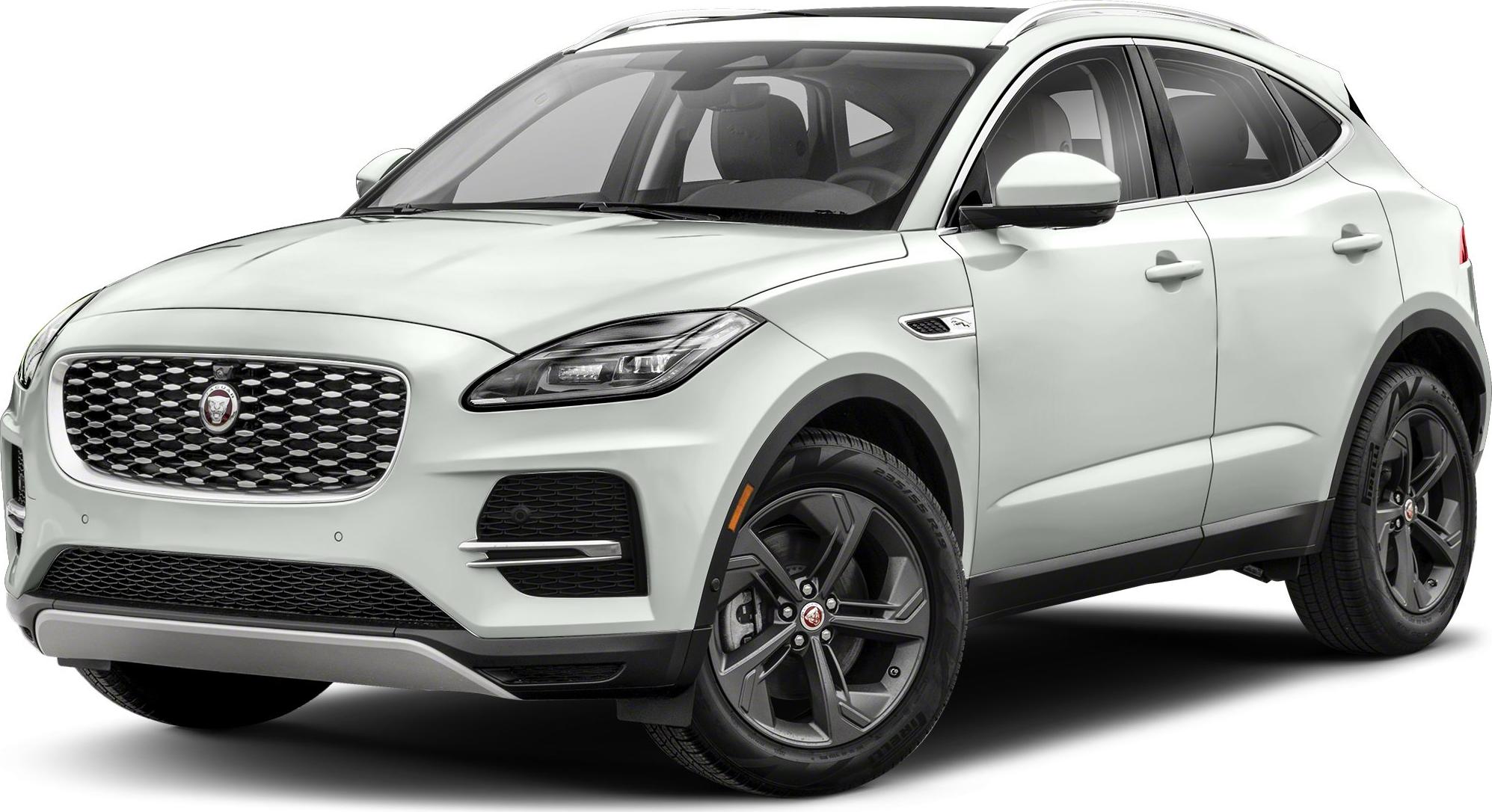 Front side view of white SUV with distinctive grille and LED headlights