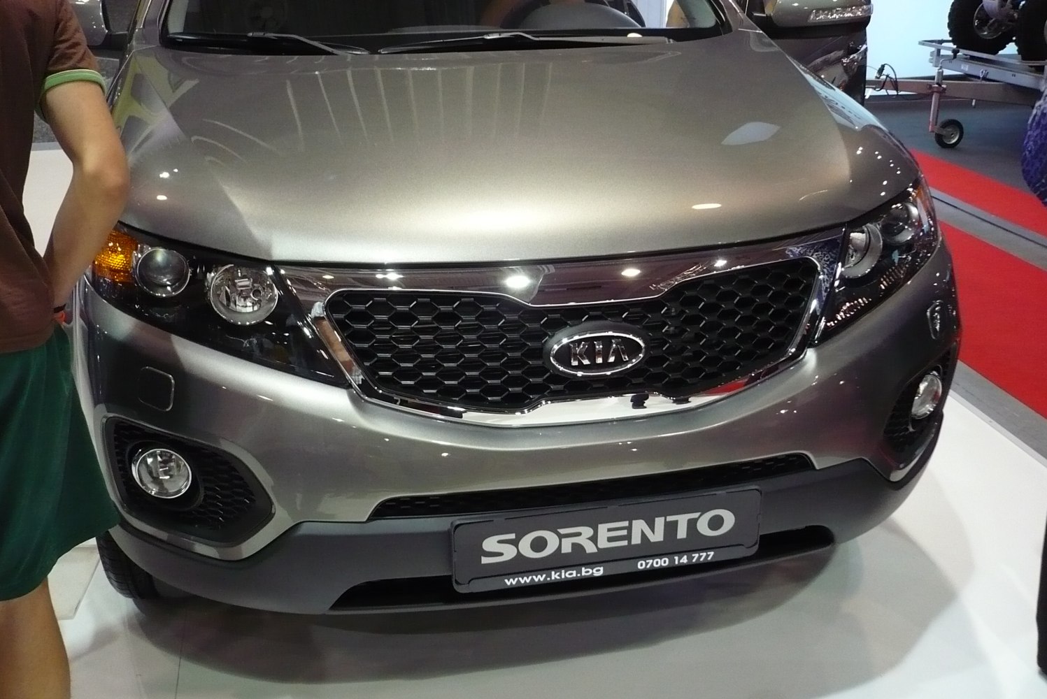 Close-up of front grille and headlamps with hexagonal pattern and chrome trim