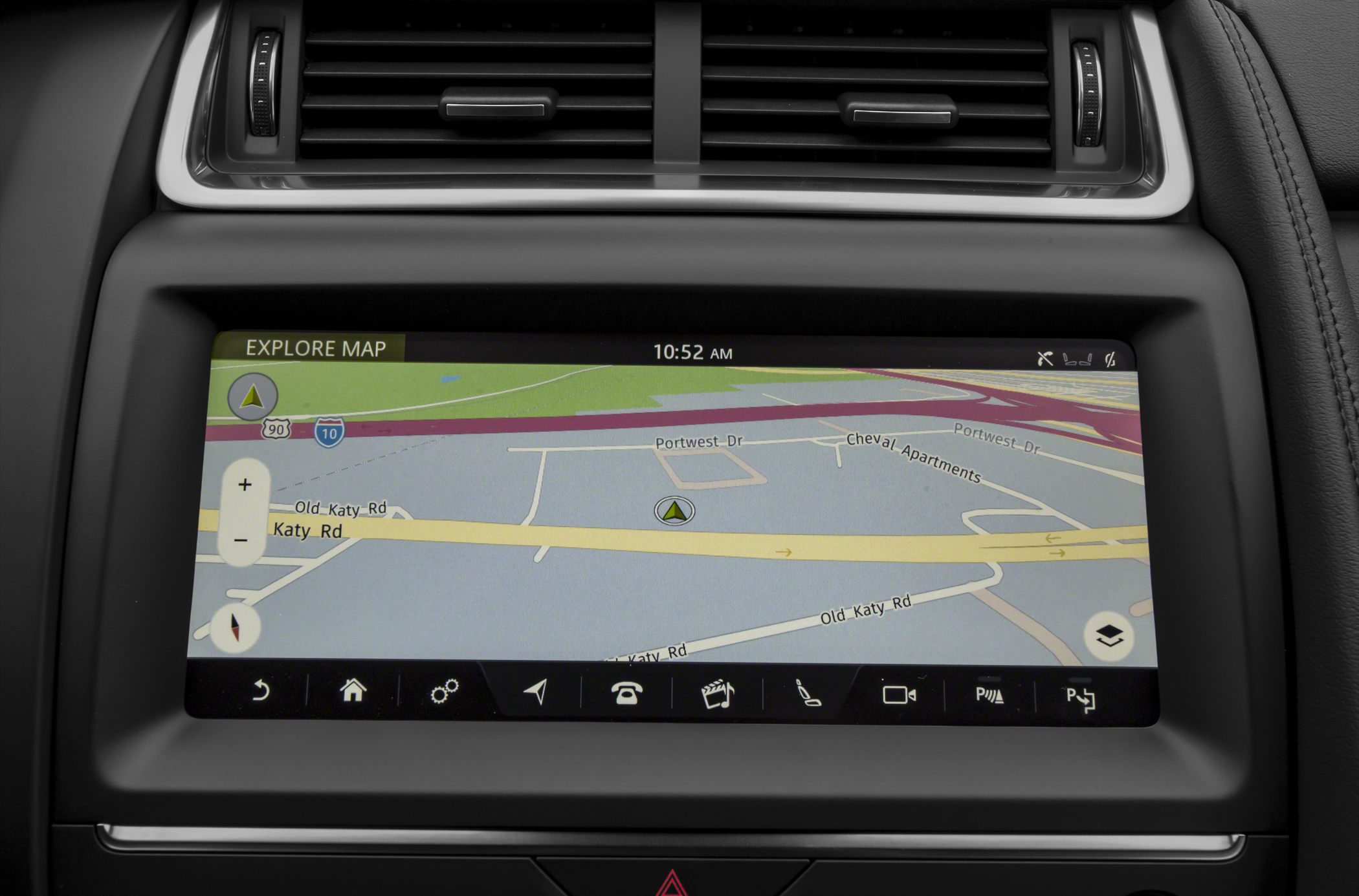 Digital navigation system display with map and control icons