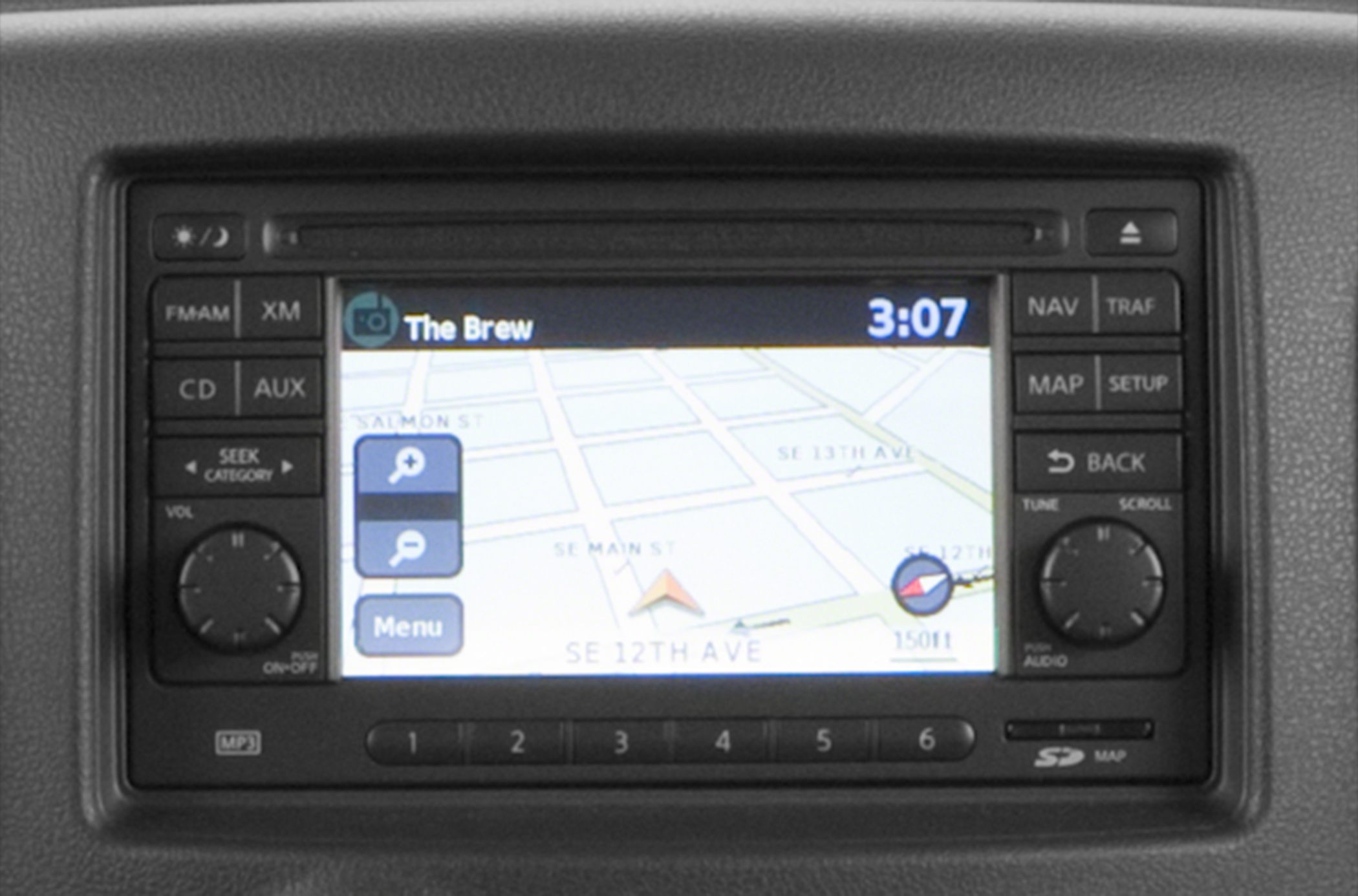 Car navigation system with map interface and control buttons