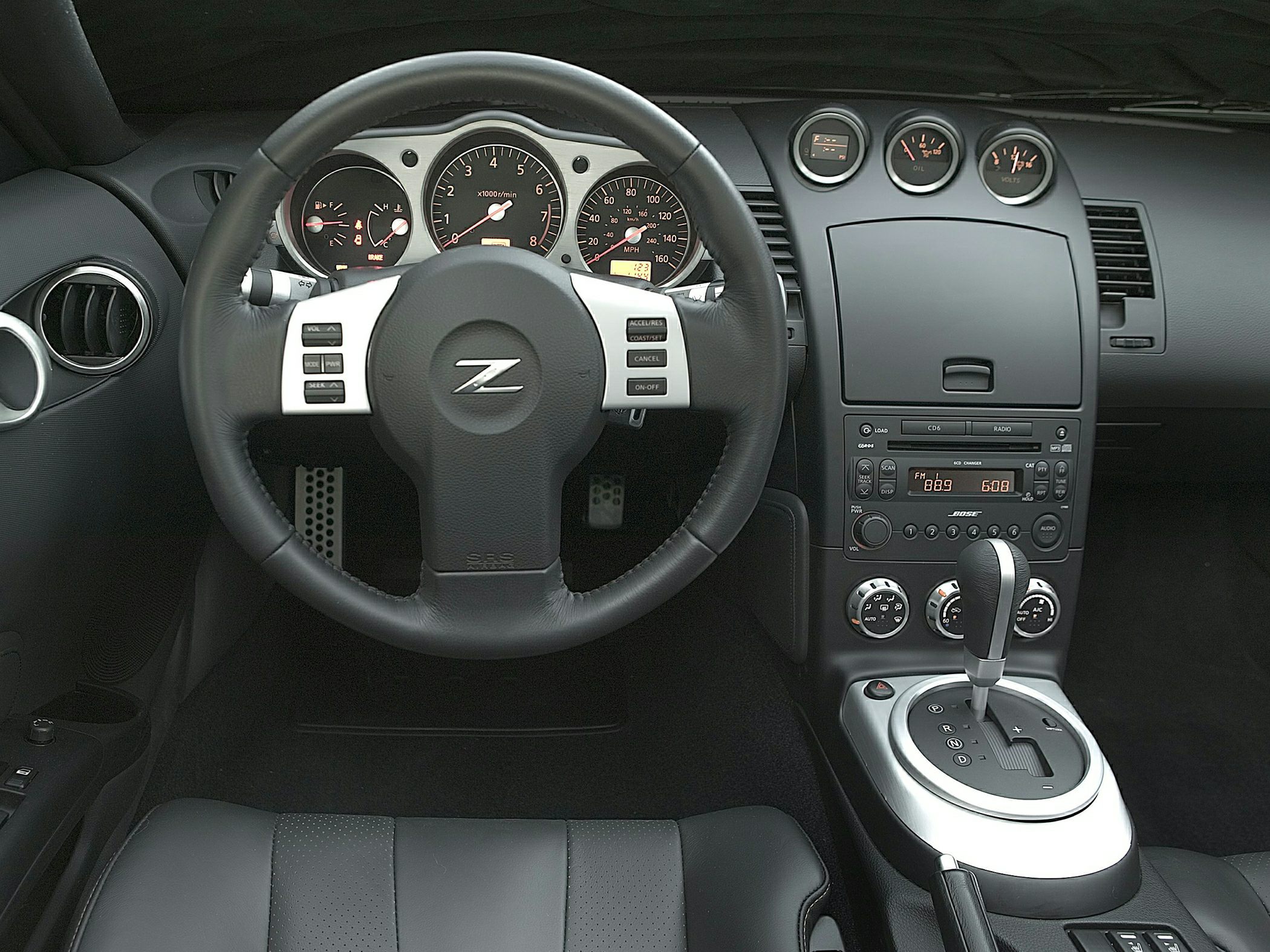 Steering wheel, dashboard gauges, automatic gear shift, and center console.
