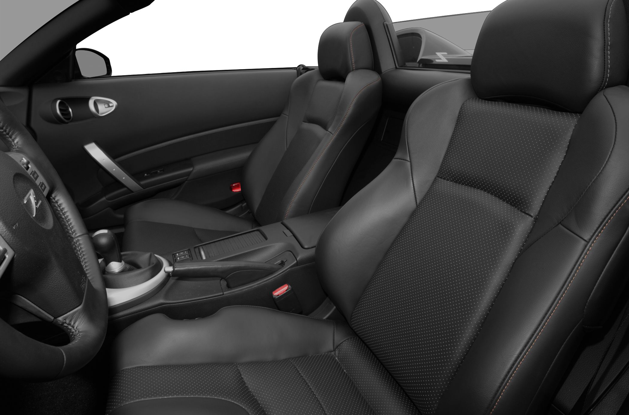 Black leather perforated seats and center console with gear shifter