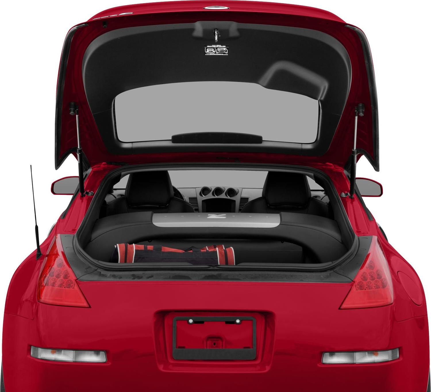 Rear hatch open with visible trunk and interior seats.