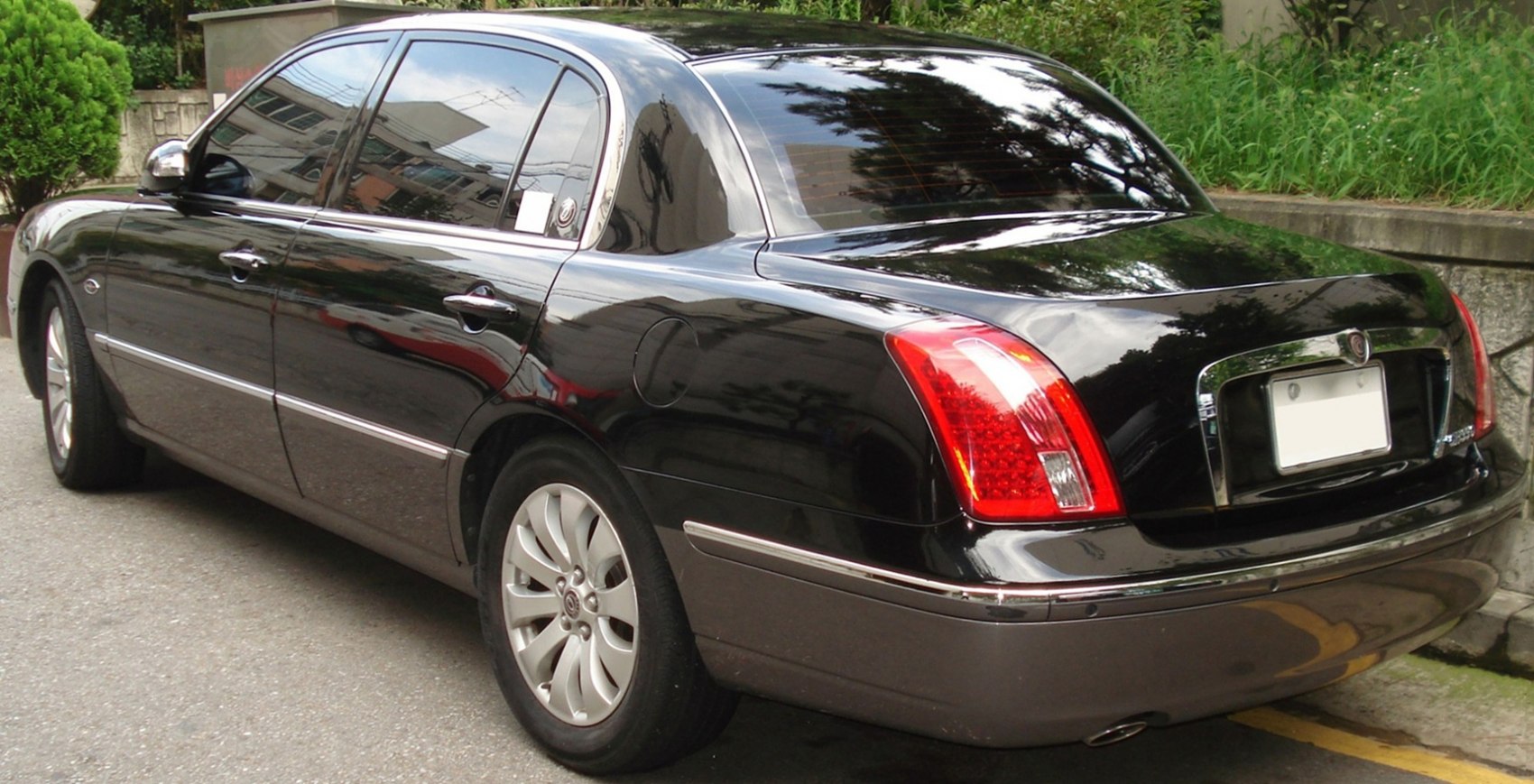Luxury sedan rear with vertical tail lights and chrome trim