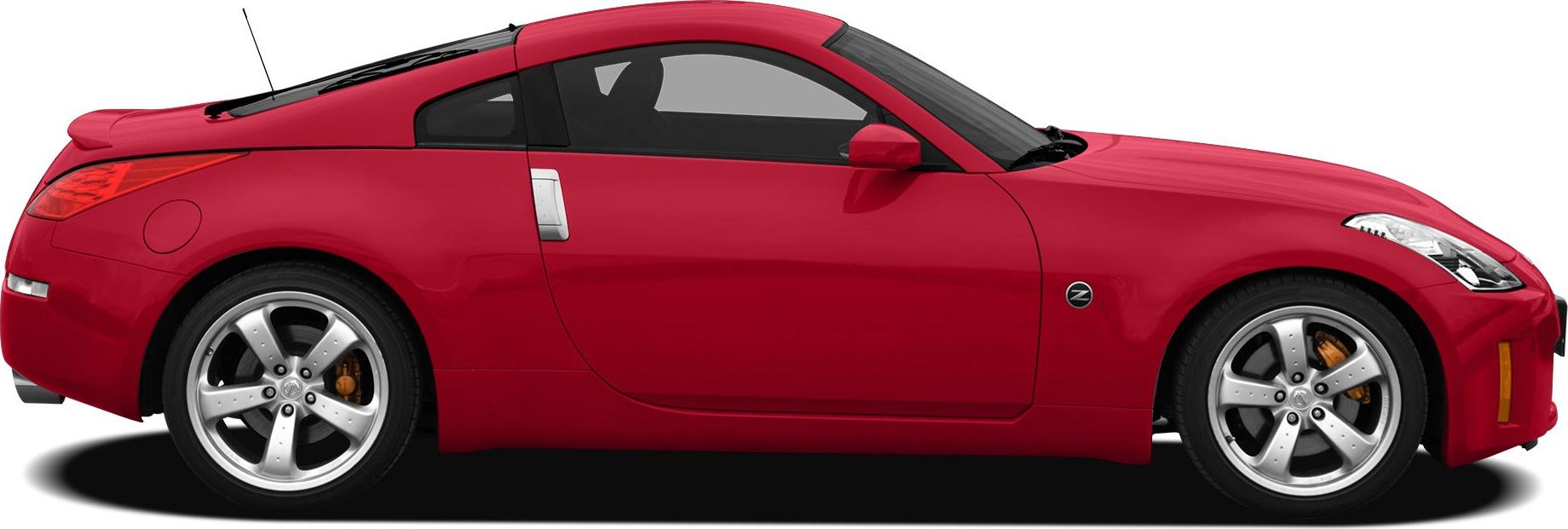 Side profile of red sports coupe with alloy wheels and aerodynamic design