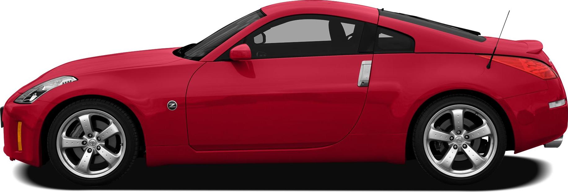 Side profile of a red 2-door sports coupe with alloy wheels and aerodynamic design