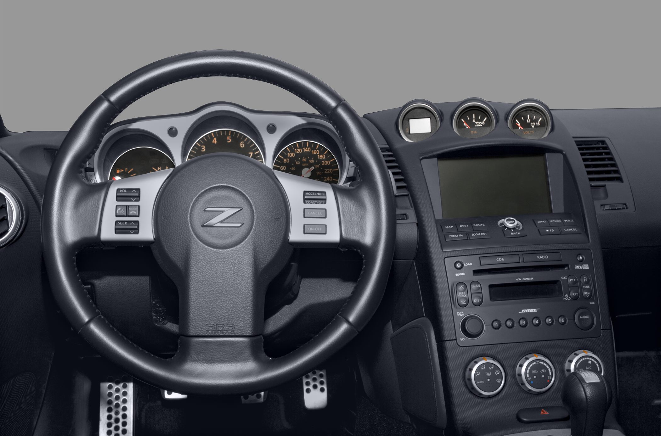Sporty steering wheel and detailed dashboard with gauges and center console controls