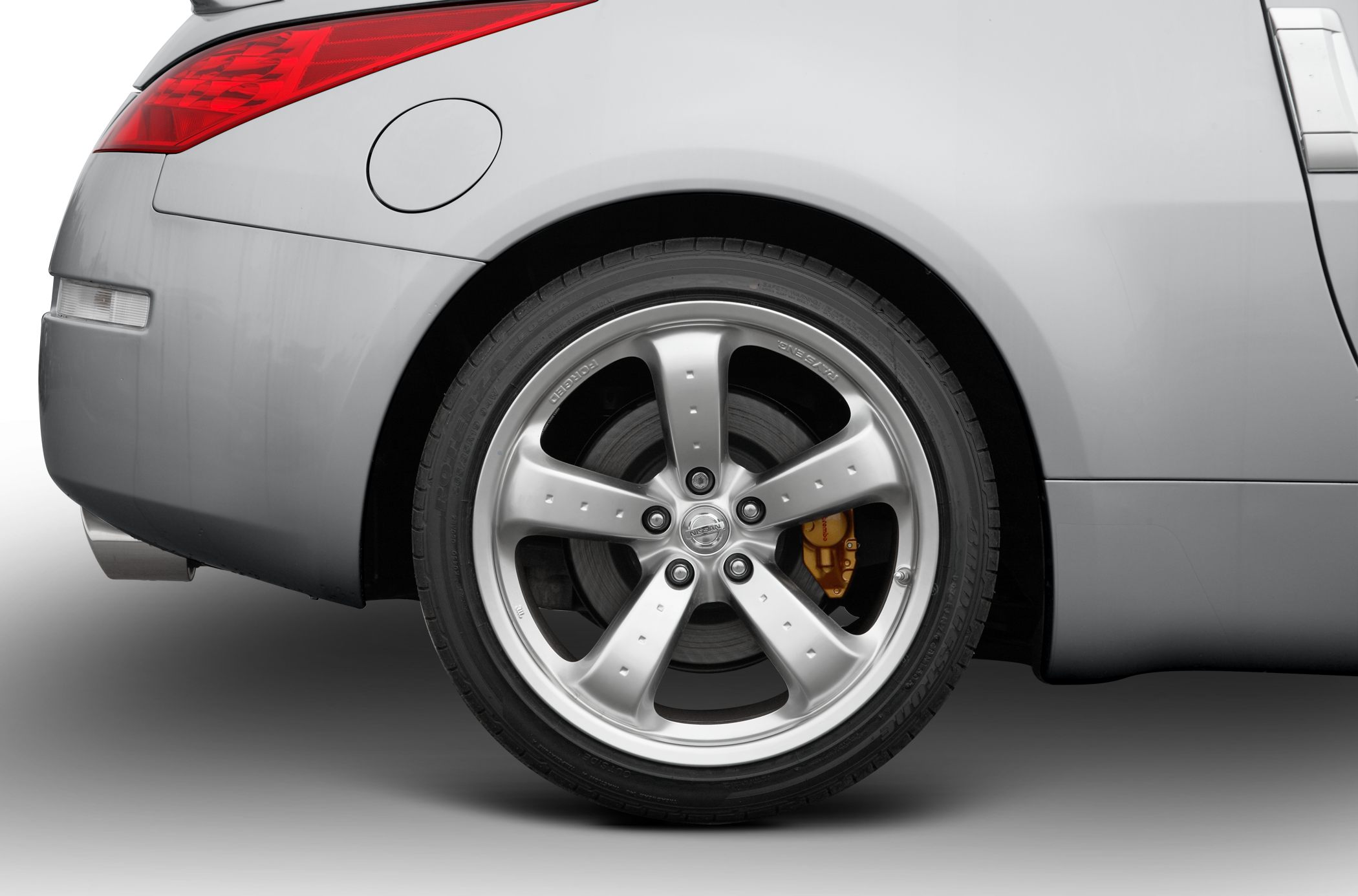 Rear wheel with five-spoke alloy rim and Brembo brake caliper