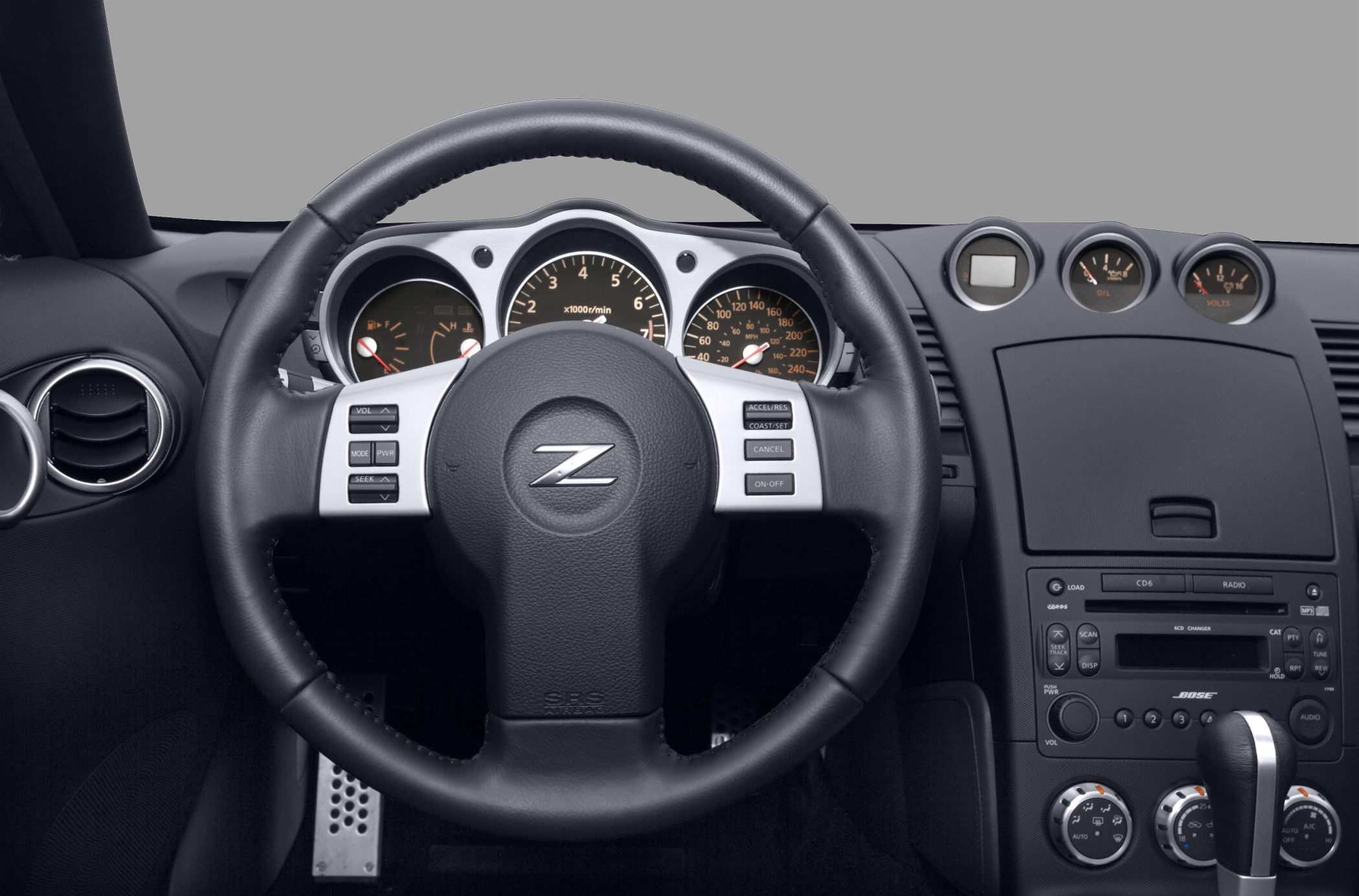 Steering wheel and dashboard gauges with center console and gear shift