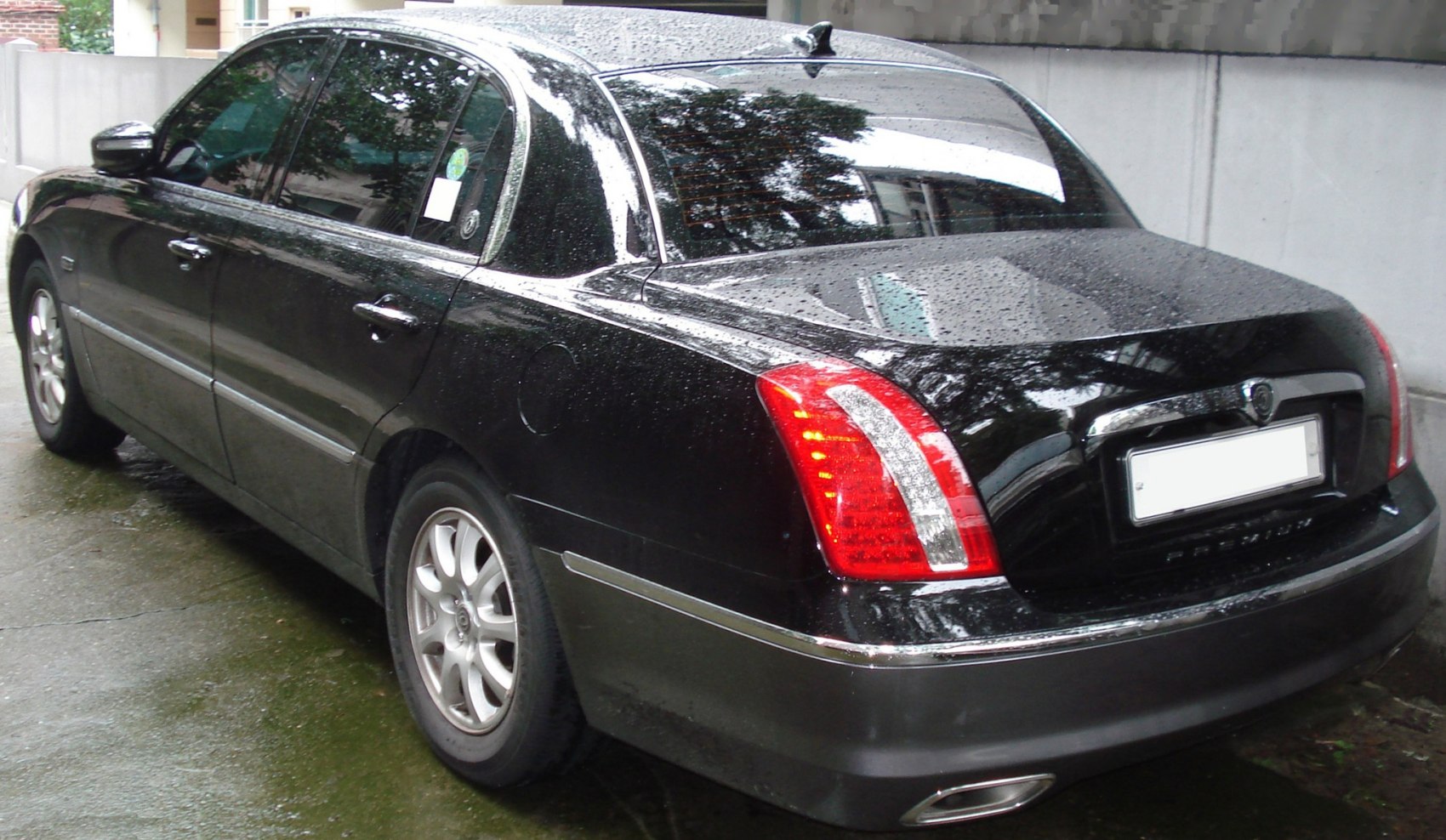 Rear view of black sedan with chrome trim and LED taillights