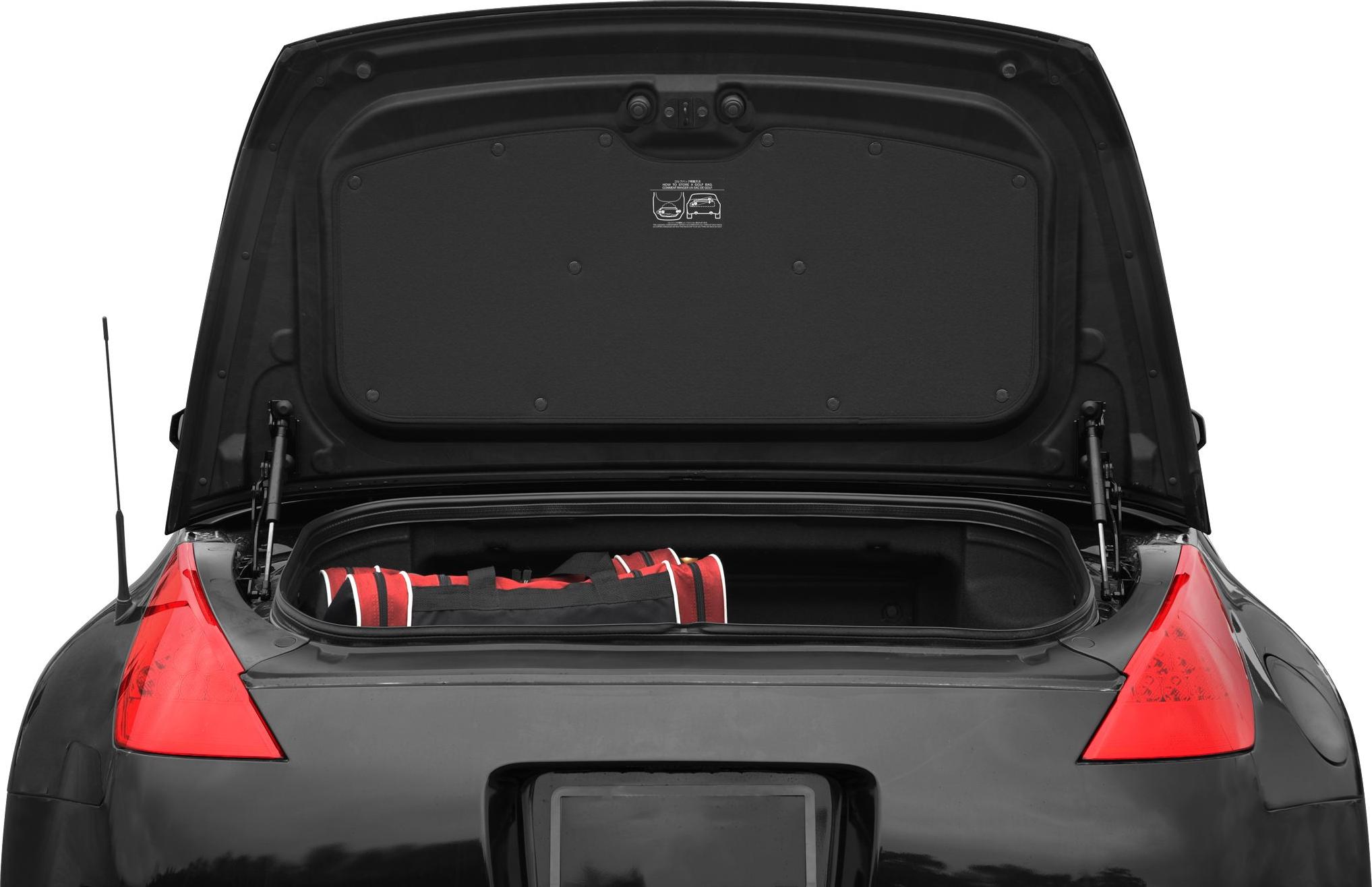 Open rear trunk with a red and black sports bag inside