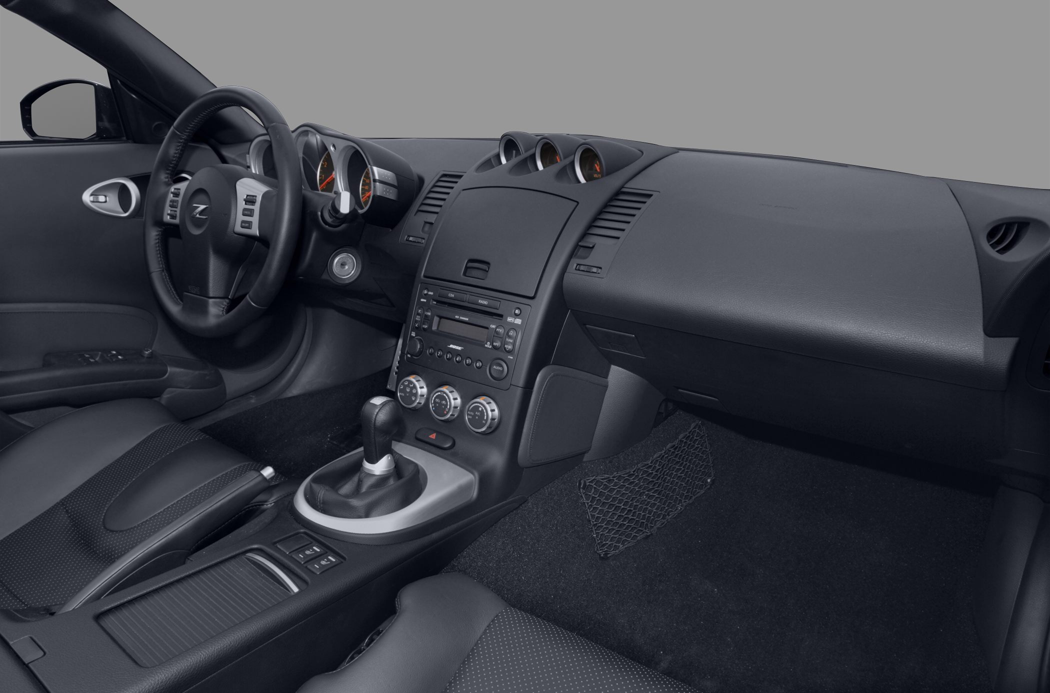 Steering wheel, dashboard, center console with gauges