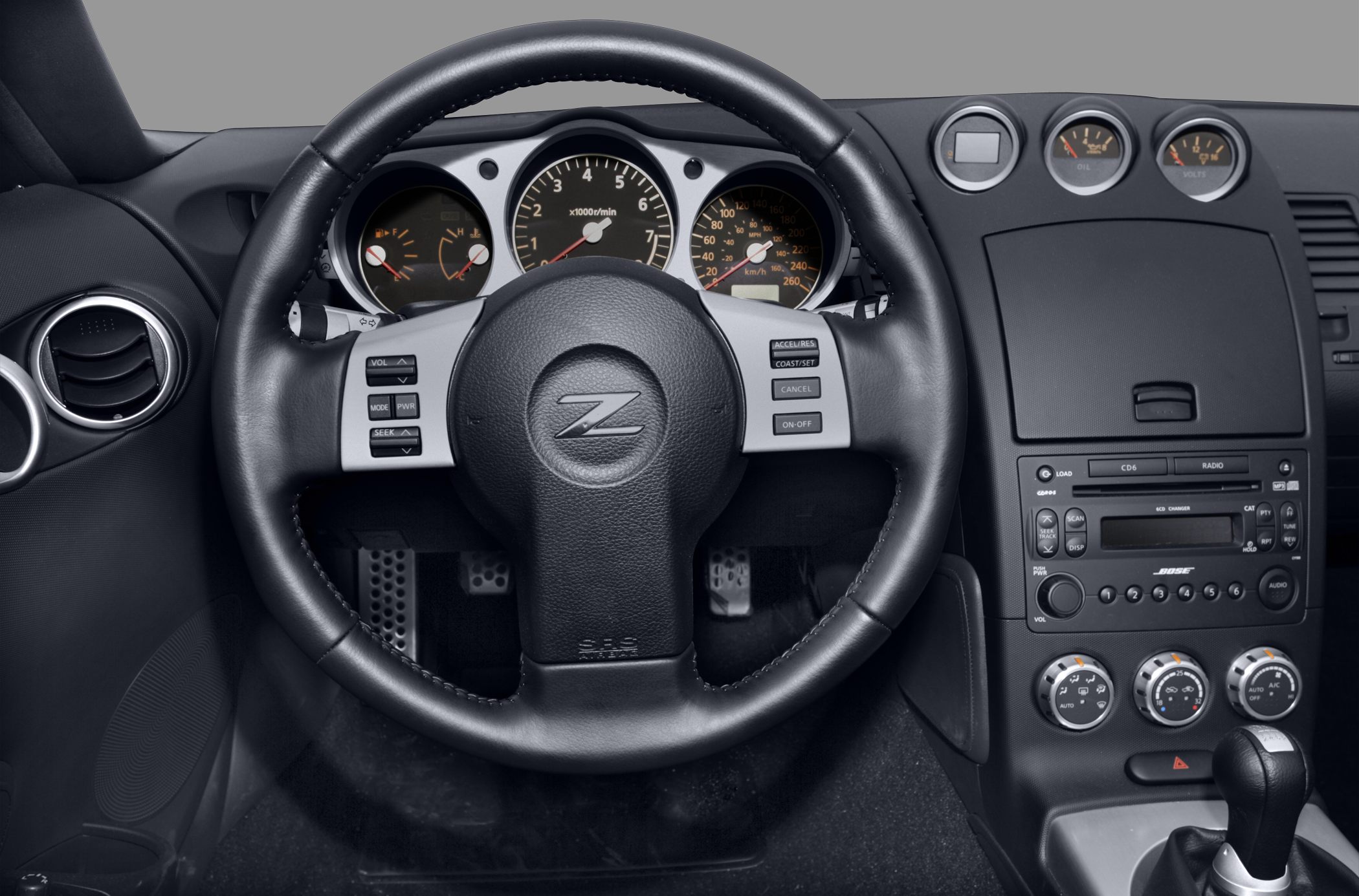 Steering wheel and detailed dashboard with gauges and controls