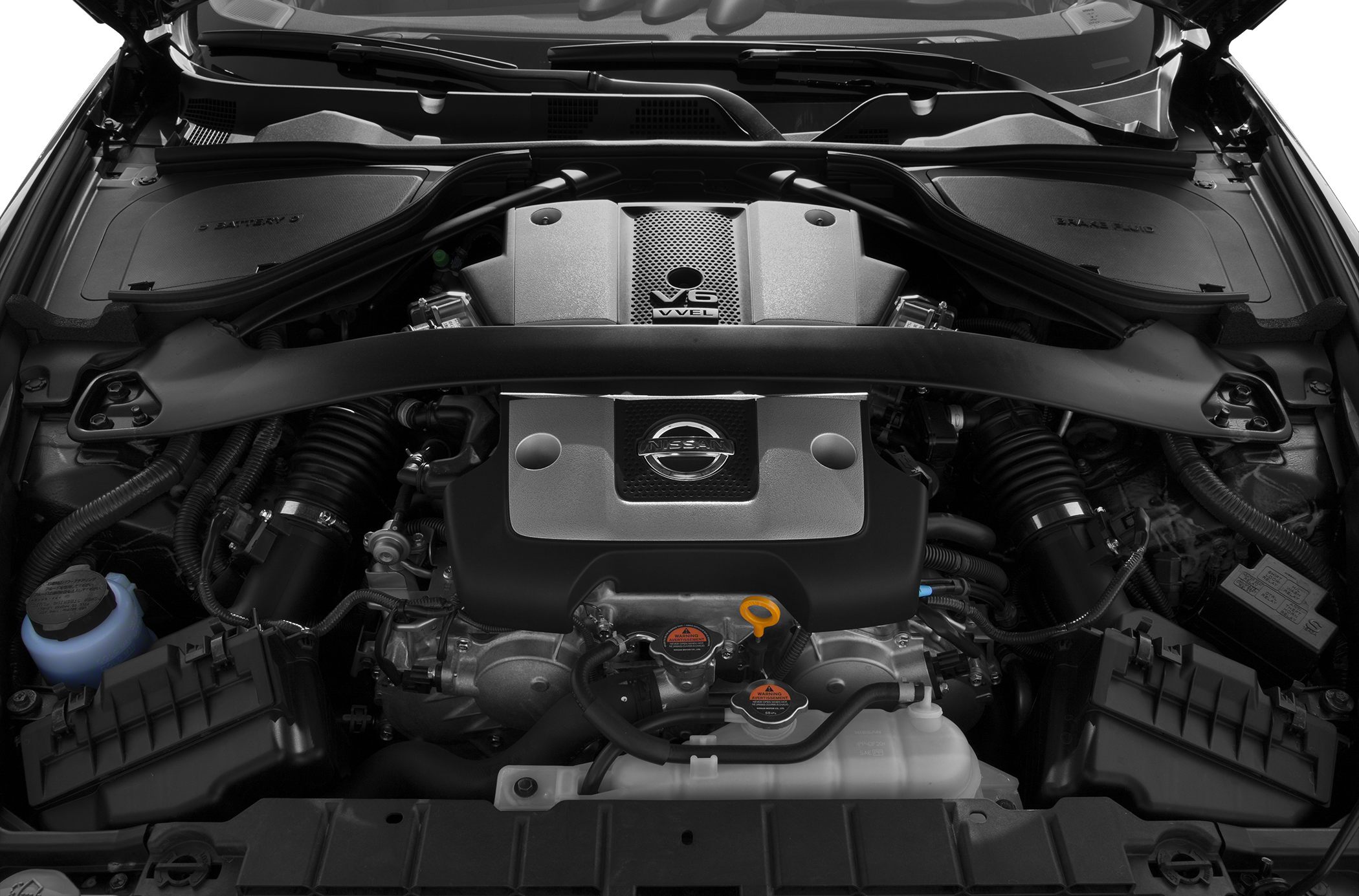 Detailed V6 engine bay with structural brace and intake components