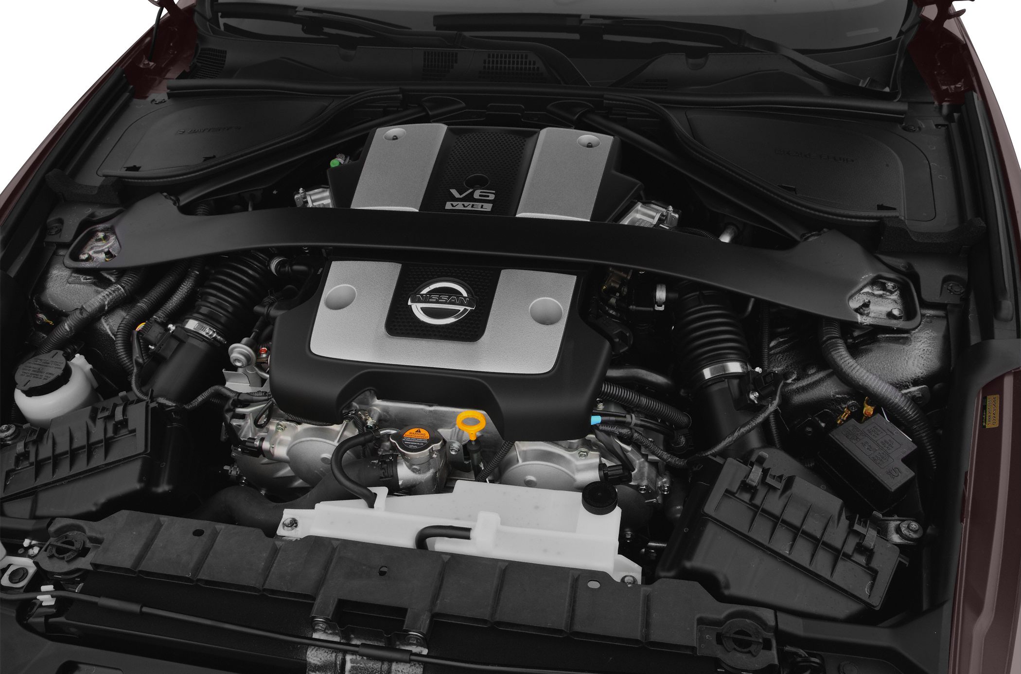 Detailed view of a V6 VVEL engine with strut brace in engine bay