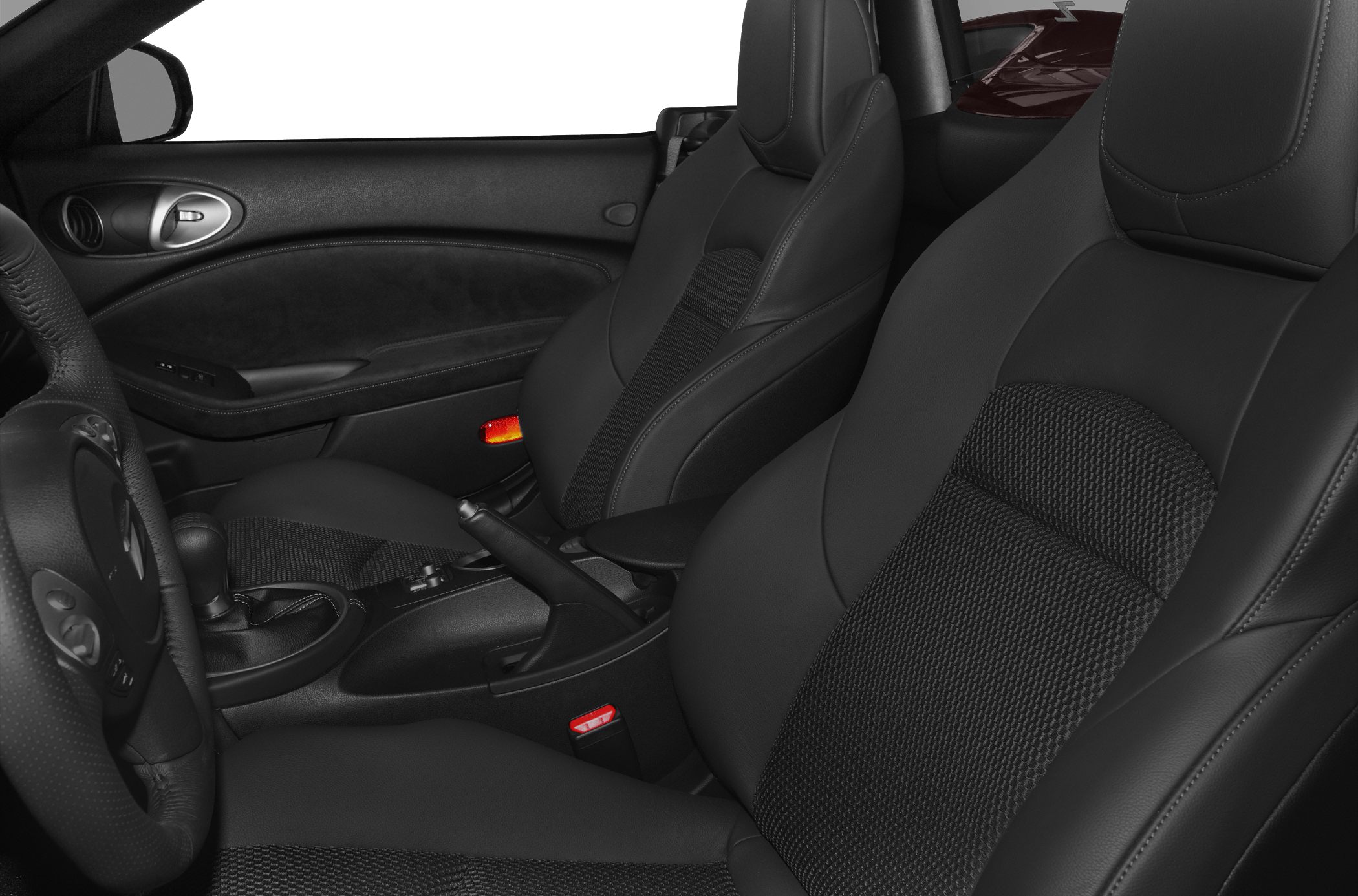 Close-up of leather seats and door panel in sports car interior
