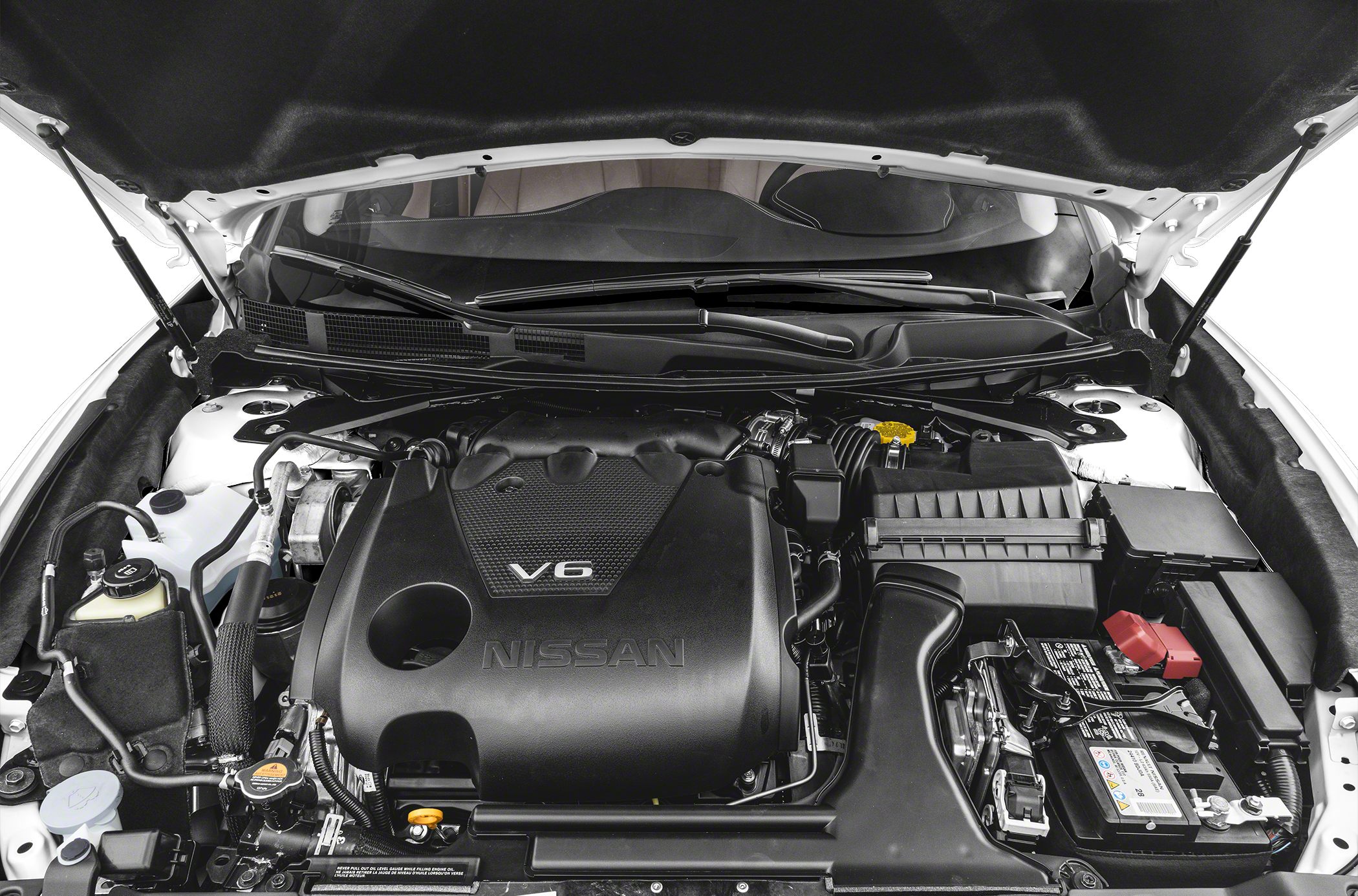 V6 engine compartment with Nissan branding and components