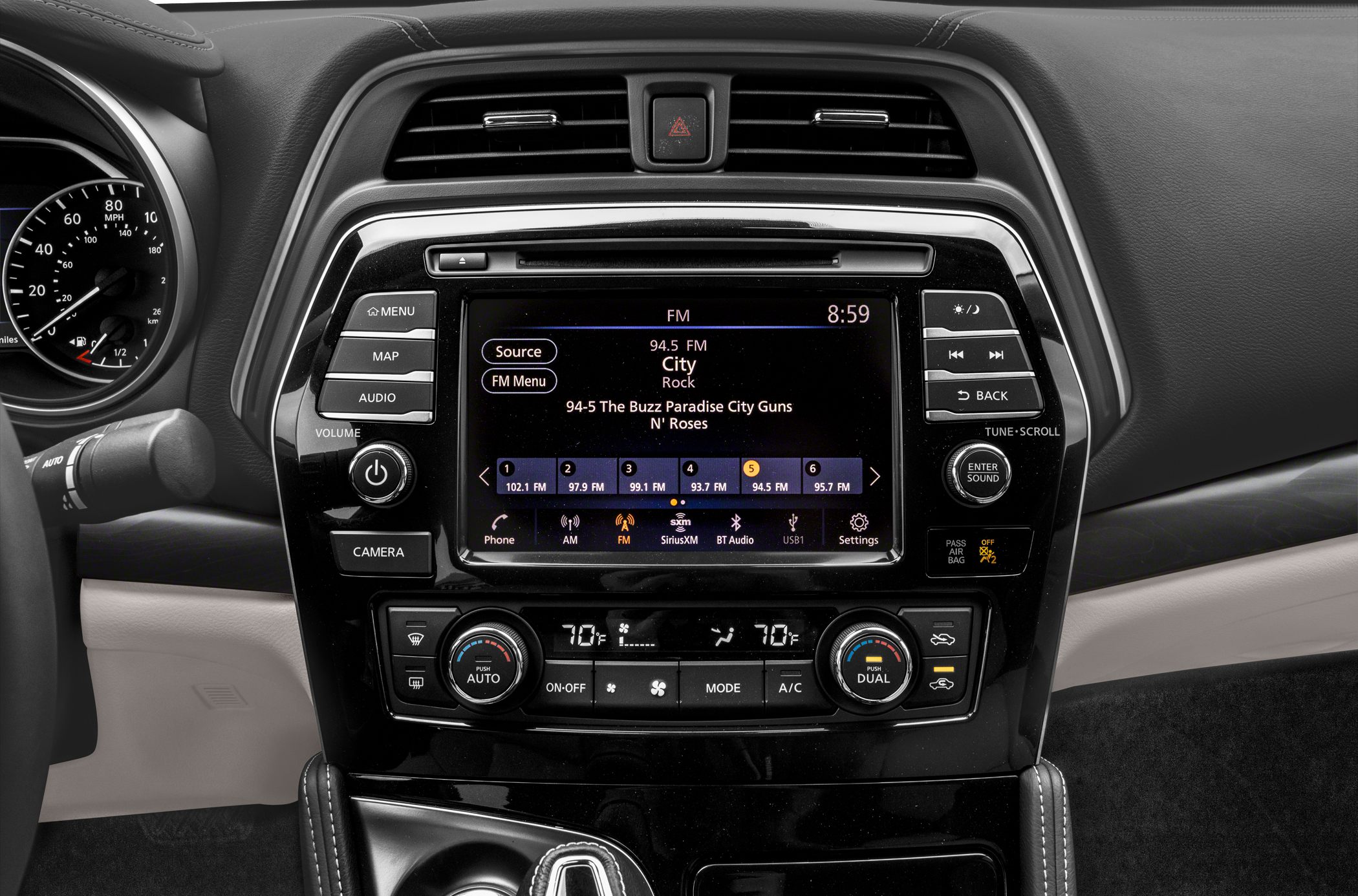 Touchscreen infotainment system and dual-zone climate control panel