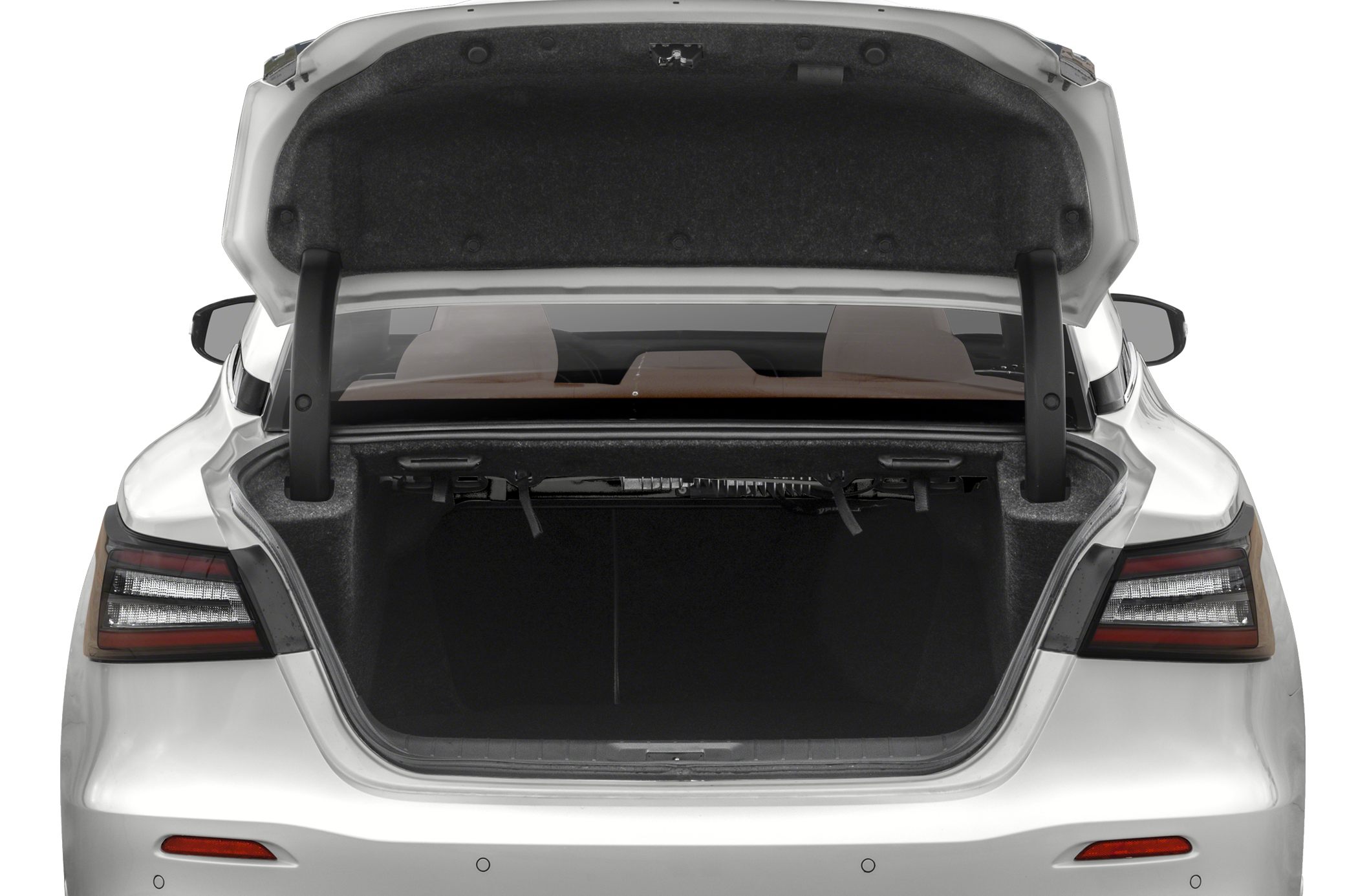 Wide-open sedan trunk with visible interior lining and lift supports