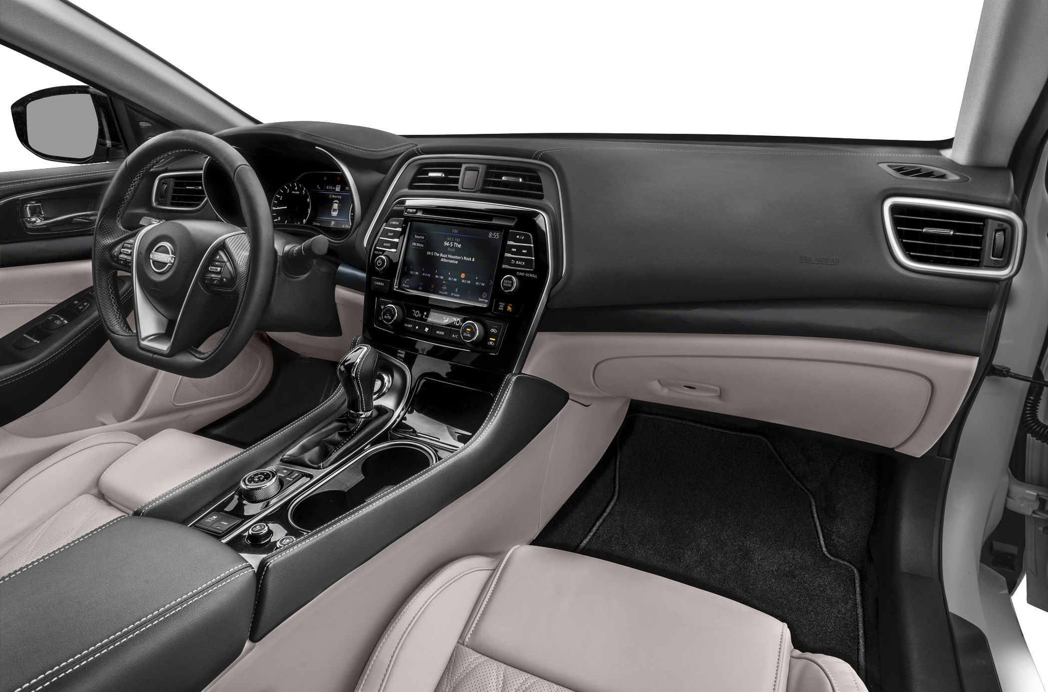 Modern car interior with dashboard, steering wheel, and center console