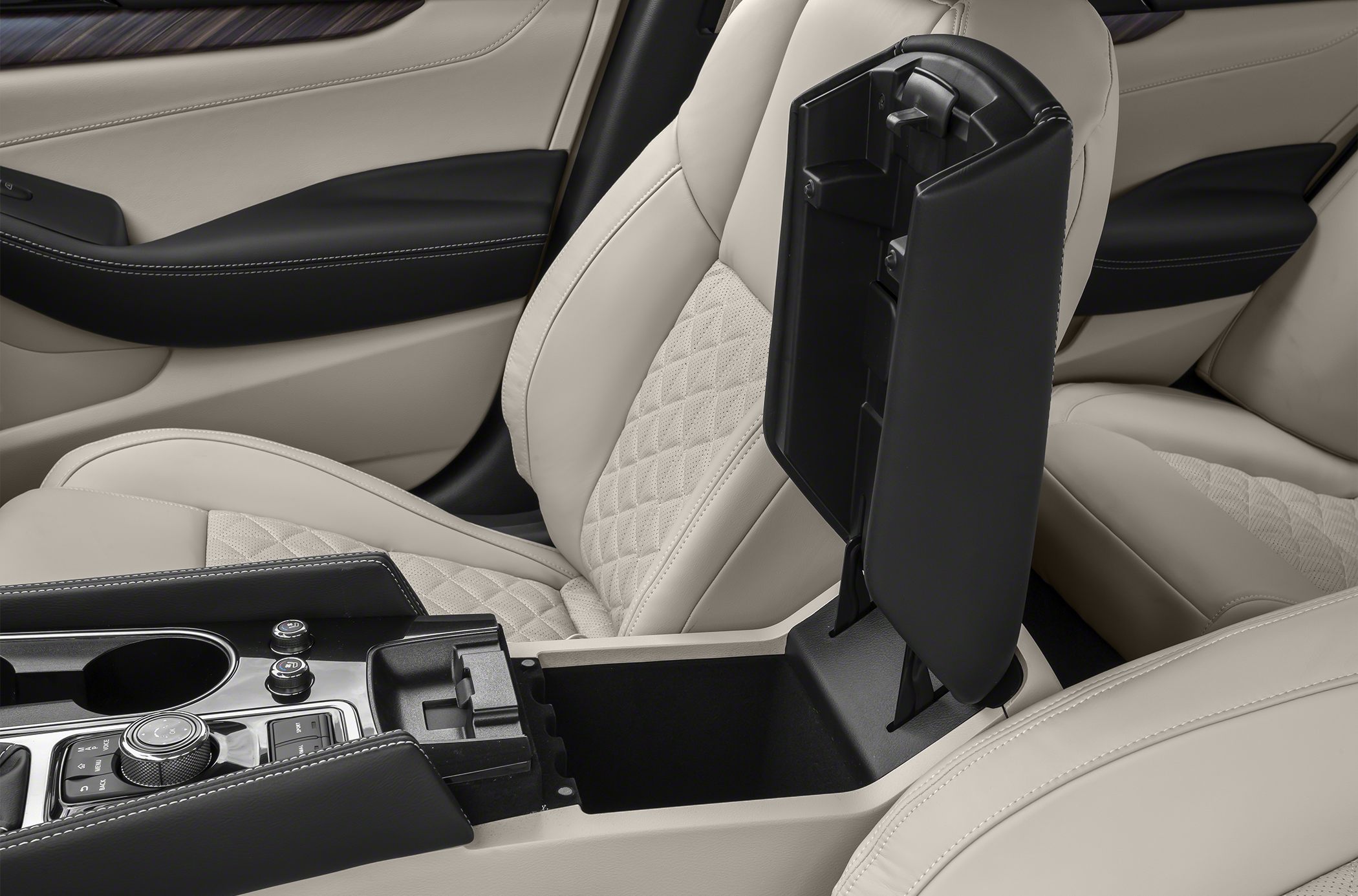 Luxury beige leather interior with center console storage and control panel