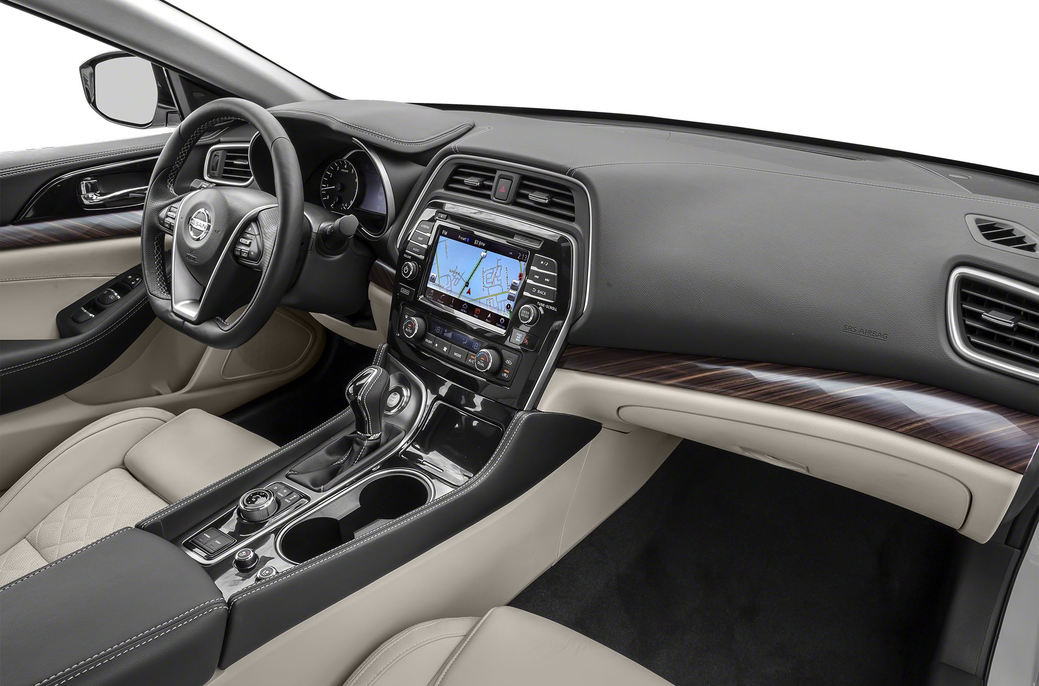 Luxurious beige leather interior with central touchscreen navigation and wood trim.