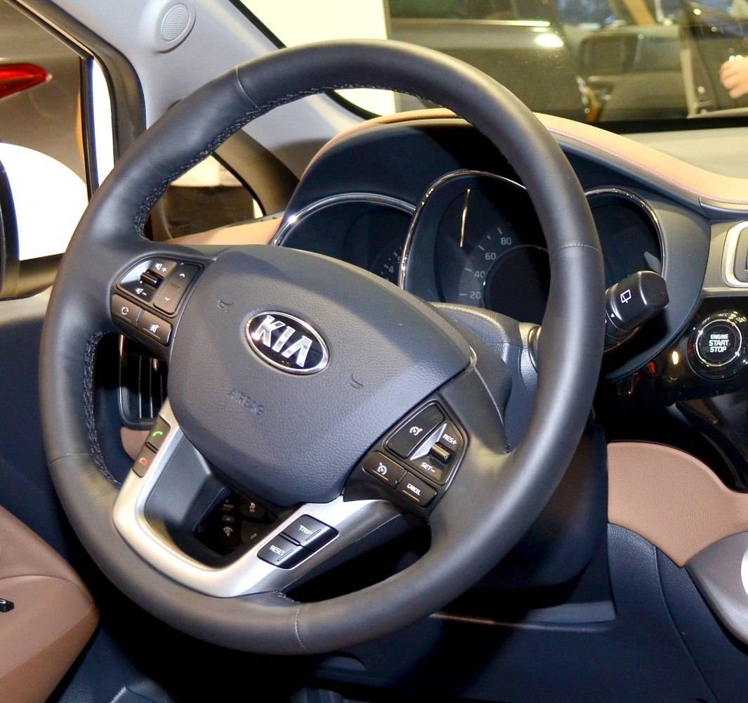 Steering wheel with control buttons and dashboard in car interior