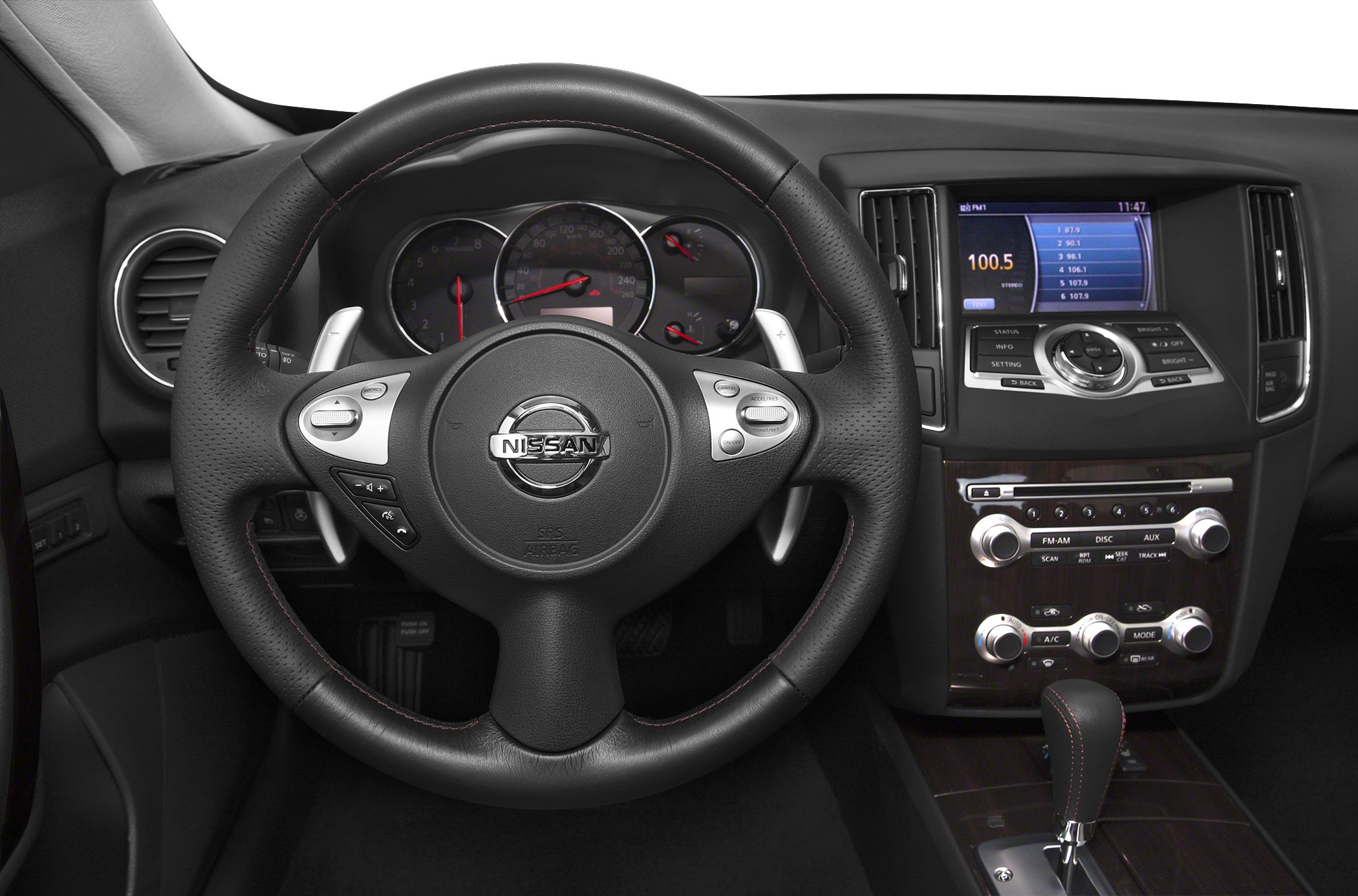 Leather-wrapped steering wheel with infotainment dashboard and controls