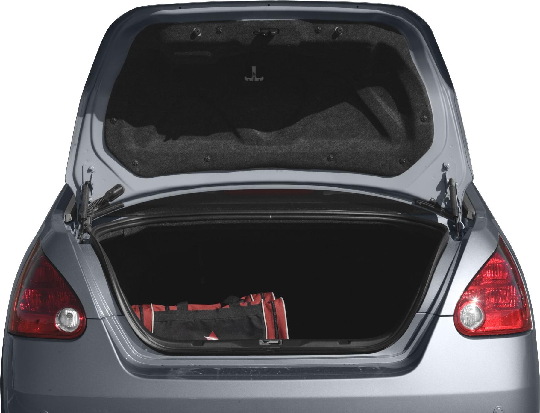 Open trunk with a red and black duffle bag inside