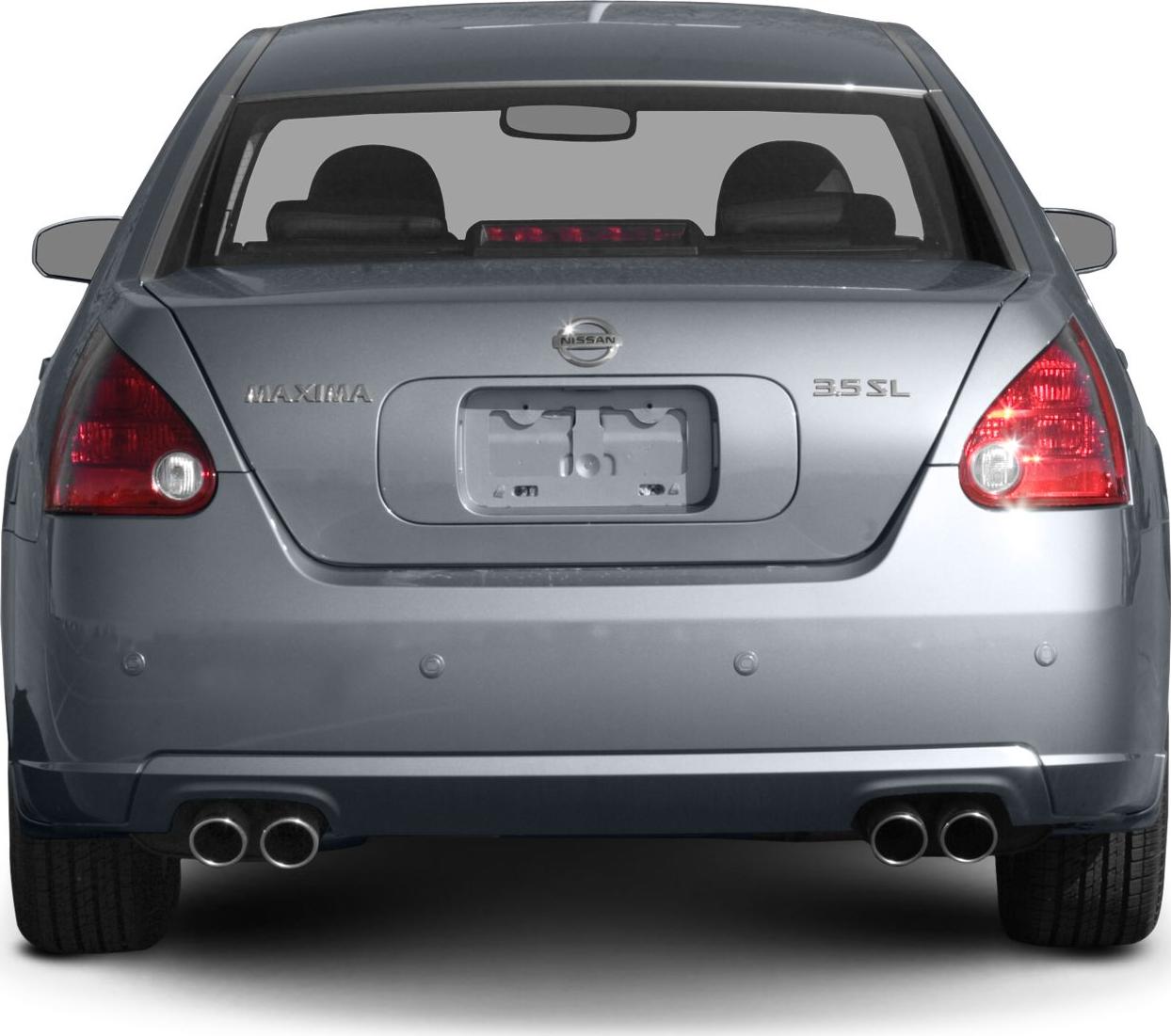 Rear view of sedan with dual exhaust and distinctive taillights