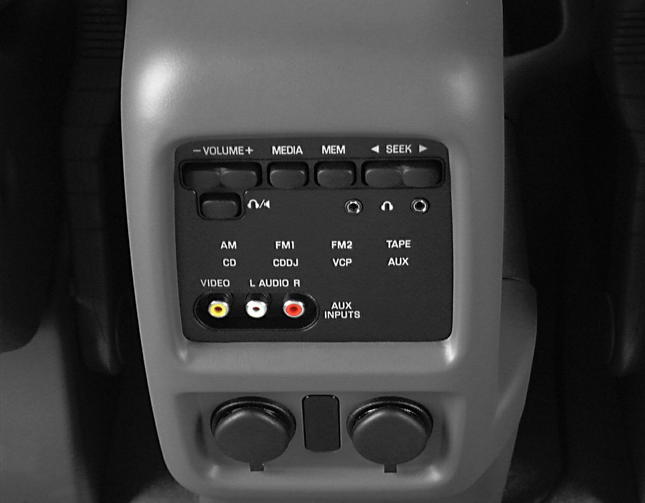 Vintage vehicle audio control panel with volume, media buttons, aux inputs, and audio jacks.