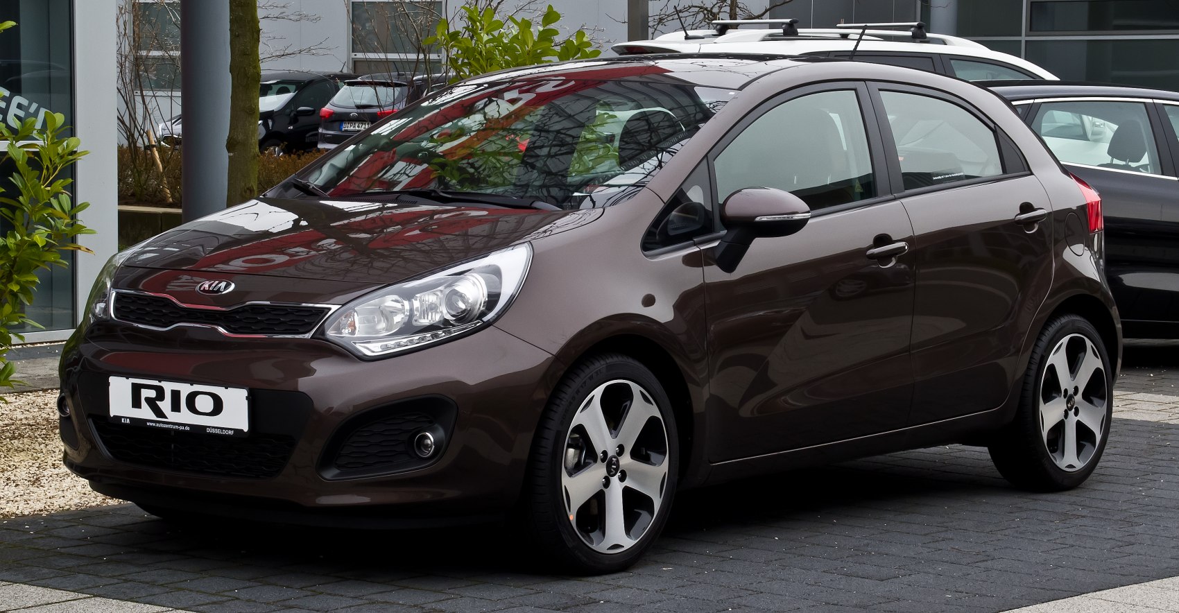 Front view of hatchback with alloy wheels and sleek design