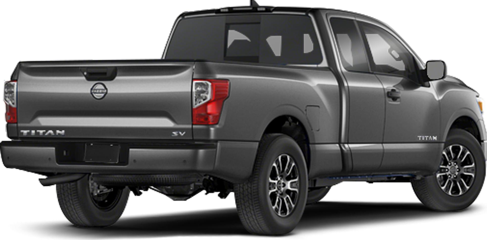 Rear and side view of pickup truck with extended cab and tailgate.