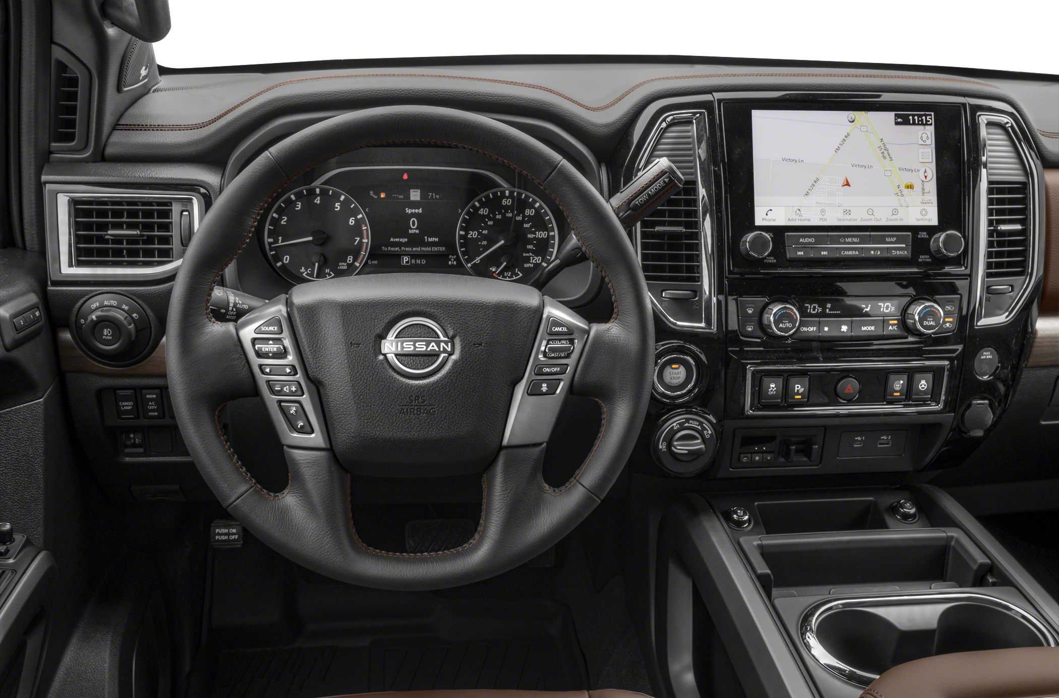 Dashboard with steering wheel, touchscreen navigation, and instrument cluster