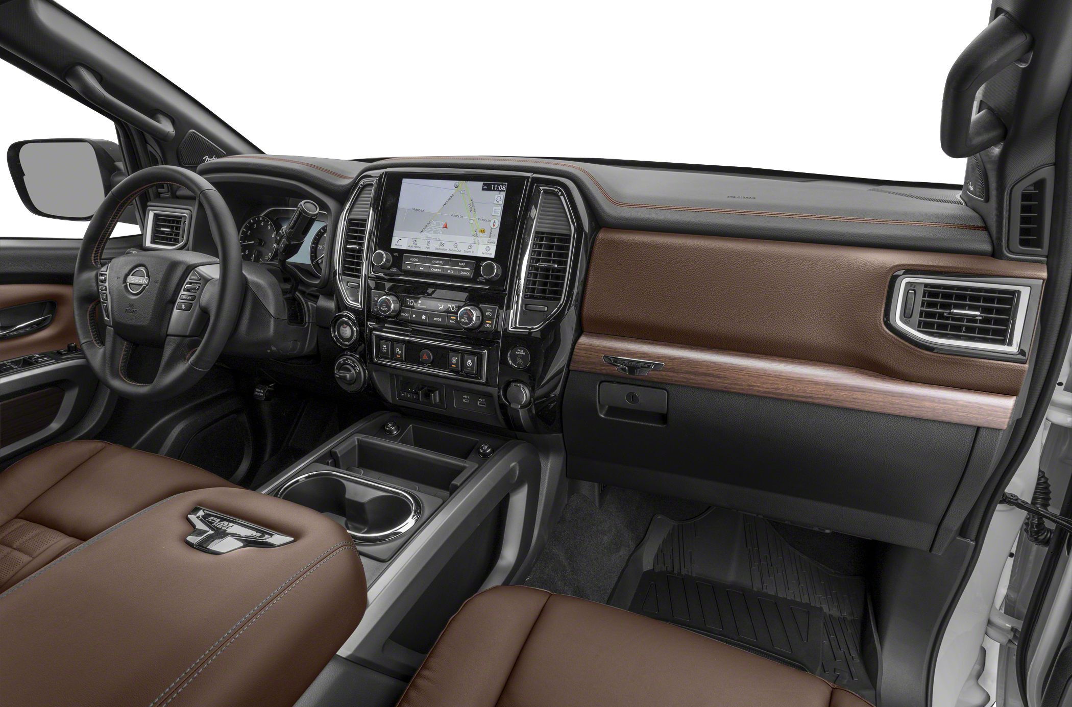 Modern pickup interior dashboard with touchscreen and brown leather upholstery